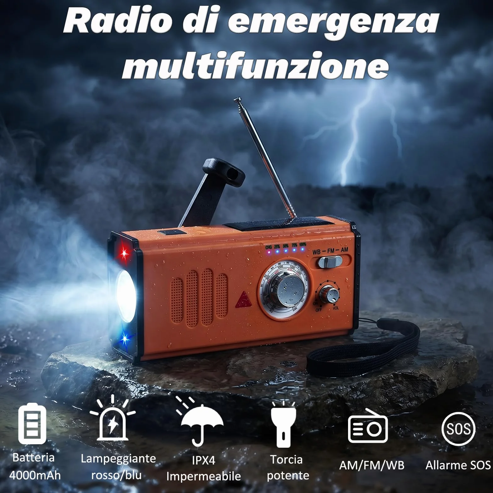 Radio a Manovella di Emergenza con Power Bank 4000mAh, Radio Solare Portatile AM/FM/WB, Torcia LED e Allarme SOS per Campeggio