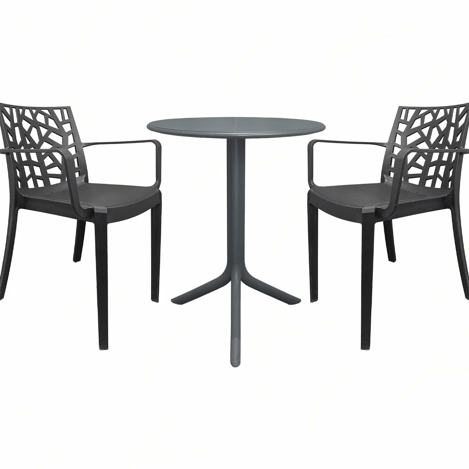 Sicignano | Set 2 Poltrone con Tavolo Tondo, 3 Pezzi, Plastica, Completo Scuro, con Braccioli - Impilabile, Resistente agli UV, Arredo Interno Esterno Bar Pub Giardino Terrazzo, Made in Italy
