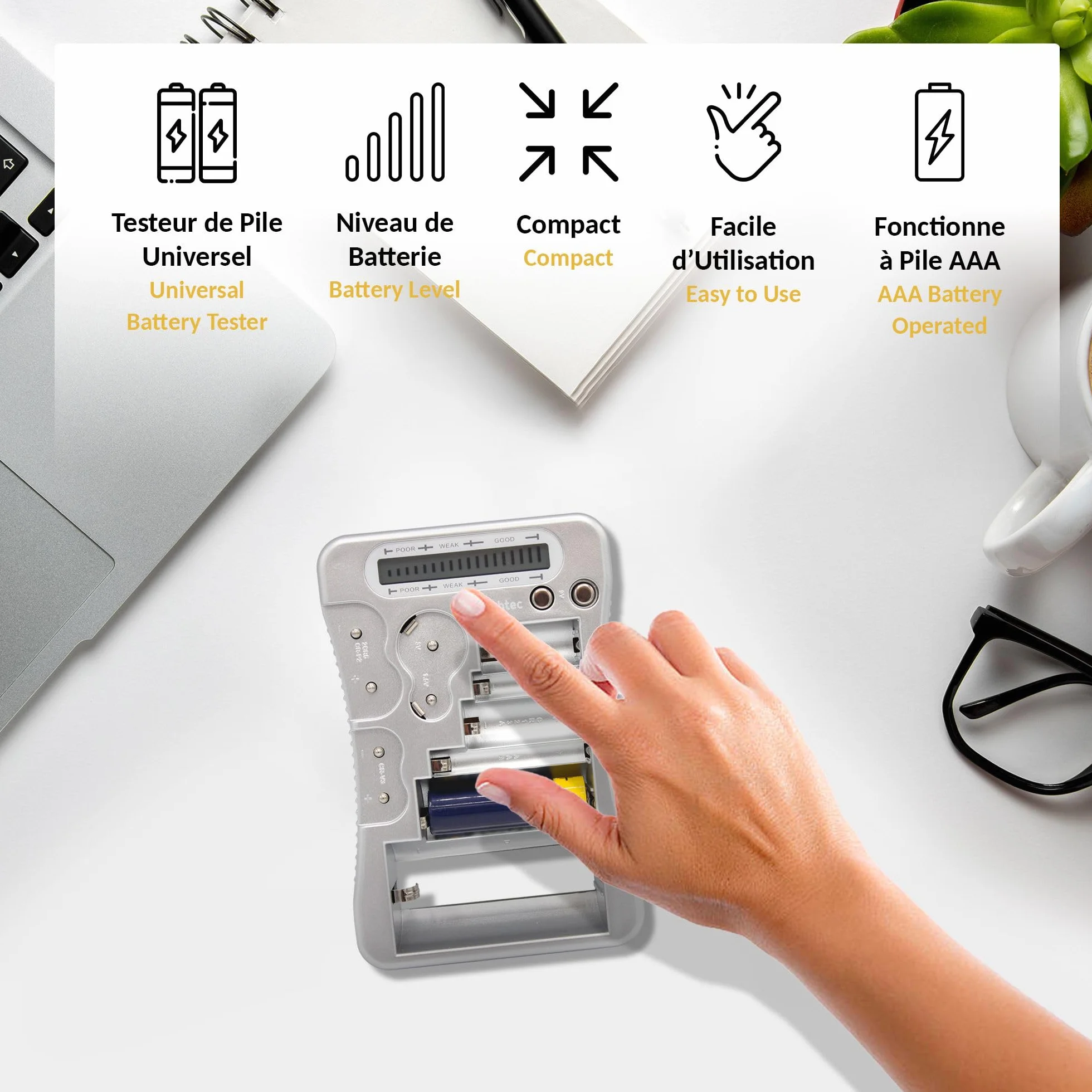 FISHTEC Tester di Batterie Universale Schermo Digitale LCD Indicatore a Livelli per Pile AA AAA C D 9V Bottone Litio