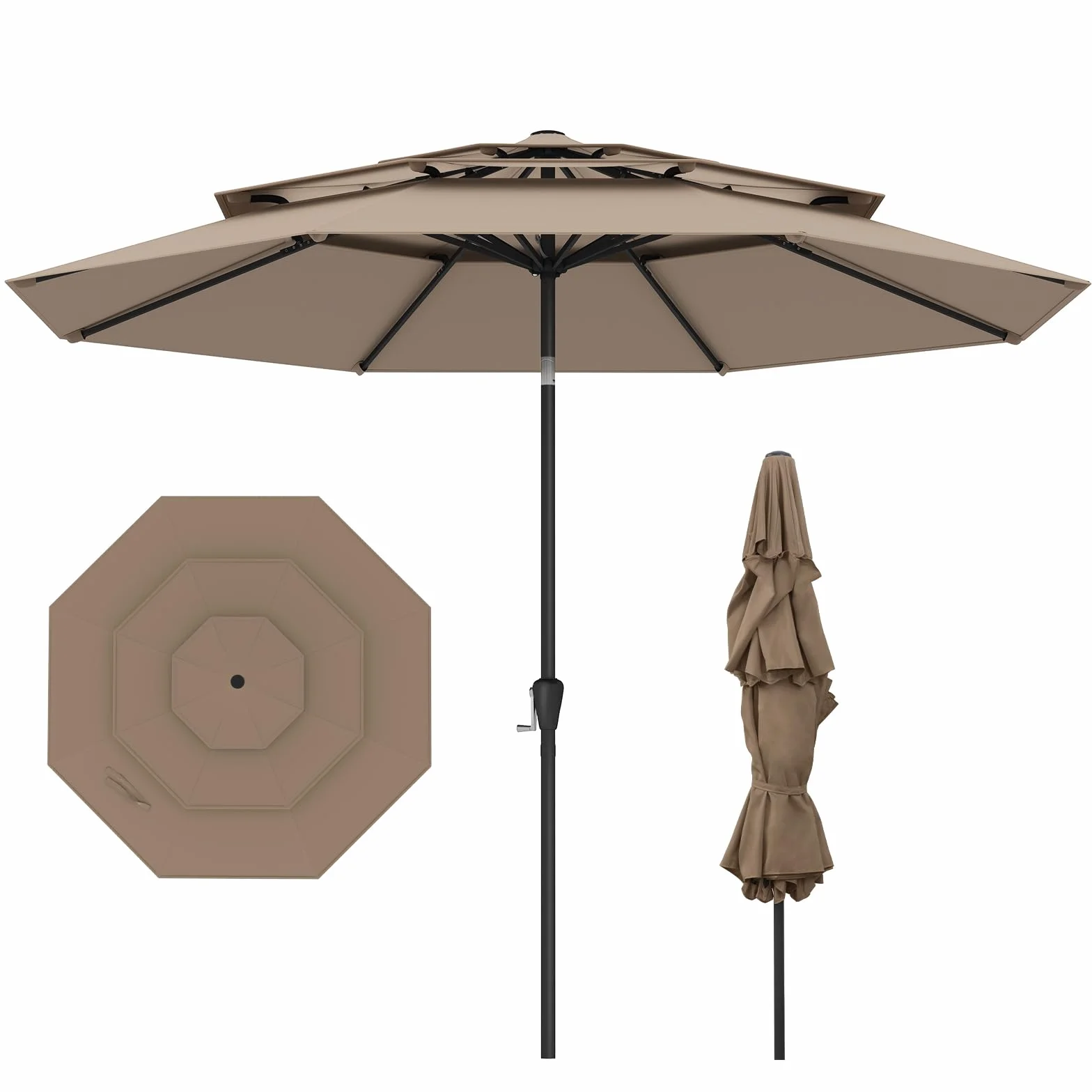COSTWAY Ombrellone Giardino 300 cm, Ombrellone 3 Livelli con Ventilazione, Inclinazione Regolabile, Manovella, 8 Costole, per Giardino Spiaggia Piscina (Marrone)