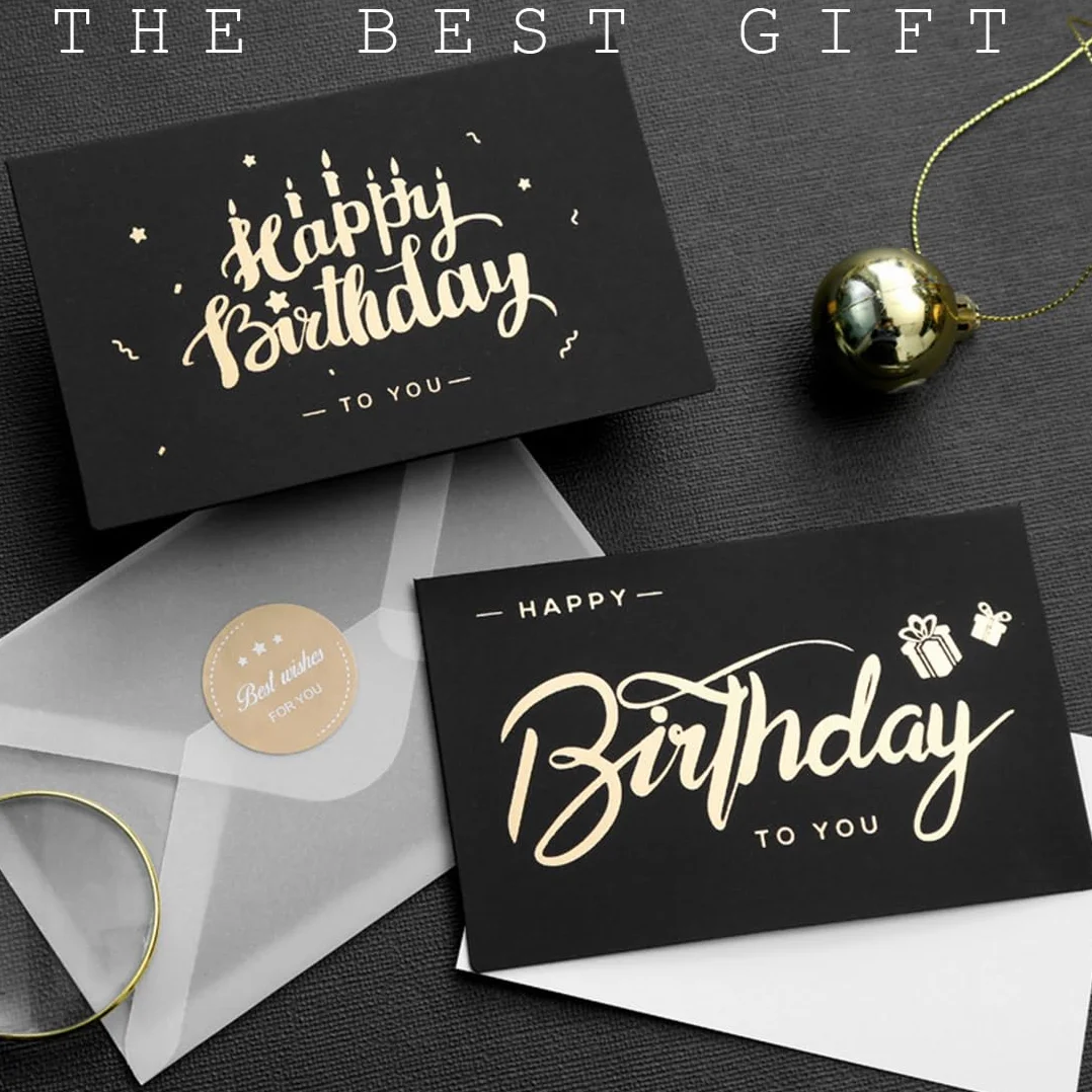 RUKAN 6 Pezzi Biglietto Auguri Compleanno con Busta e Adesivi - Nero e Oro, Biglietto di Auguri Minimalista