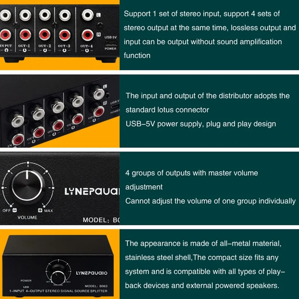 Separatore di sorgente segnale stereo 1 in 4 uscite audio RCA
