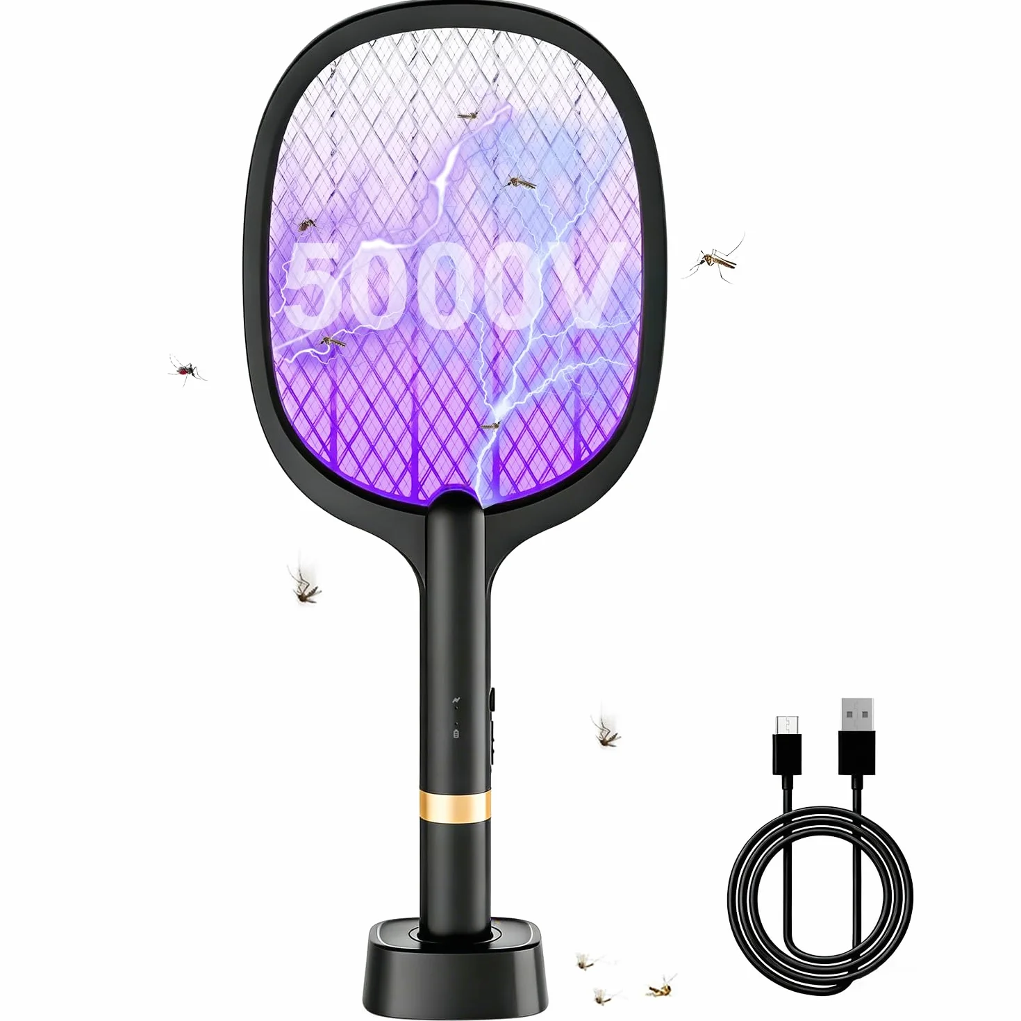 Electric Fly Swatter Racchetta Zanzare Elettrica 5000V 1800mAh con USB Ricaricabile e LED 2 in 1 con Base Recargable, LED Trappola per Zanzare para Uso en Interiores y al Aire Libre (1 pezzo)