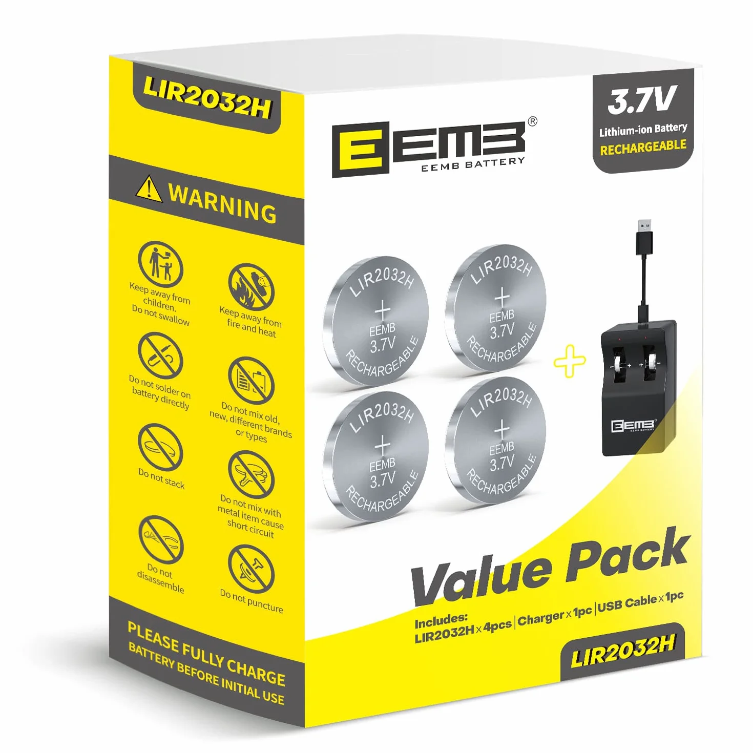 EEMB LIR2032H Ricaricabile 4PCS 3.7V Batterie a Bottone agli Ioni di Litio 70mAh Sostituisce ML2032