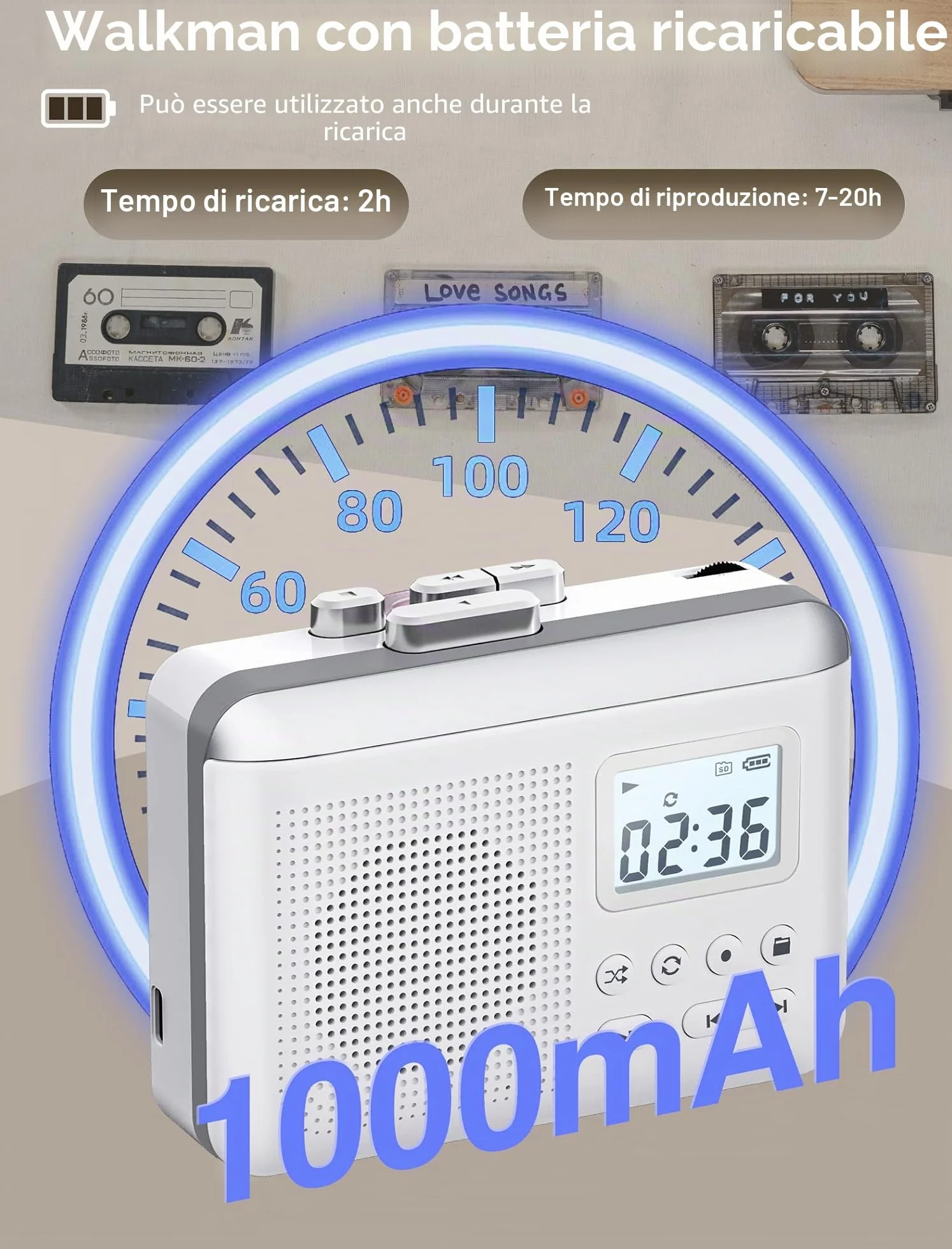 Gracioso Convertitore registratore portatile per cassette a MP3 con scheda SD, batteria ricaricabile 1000mAh, microfono e altoparlante integrati