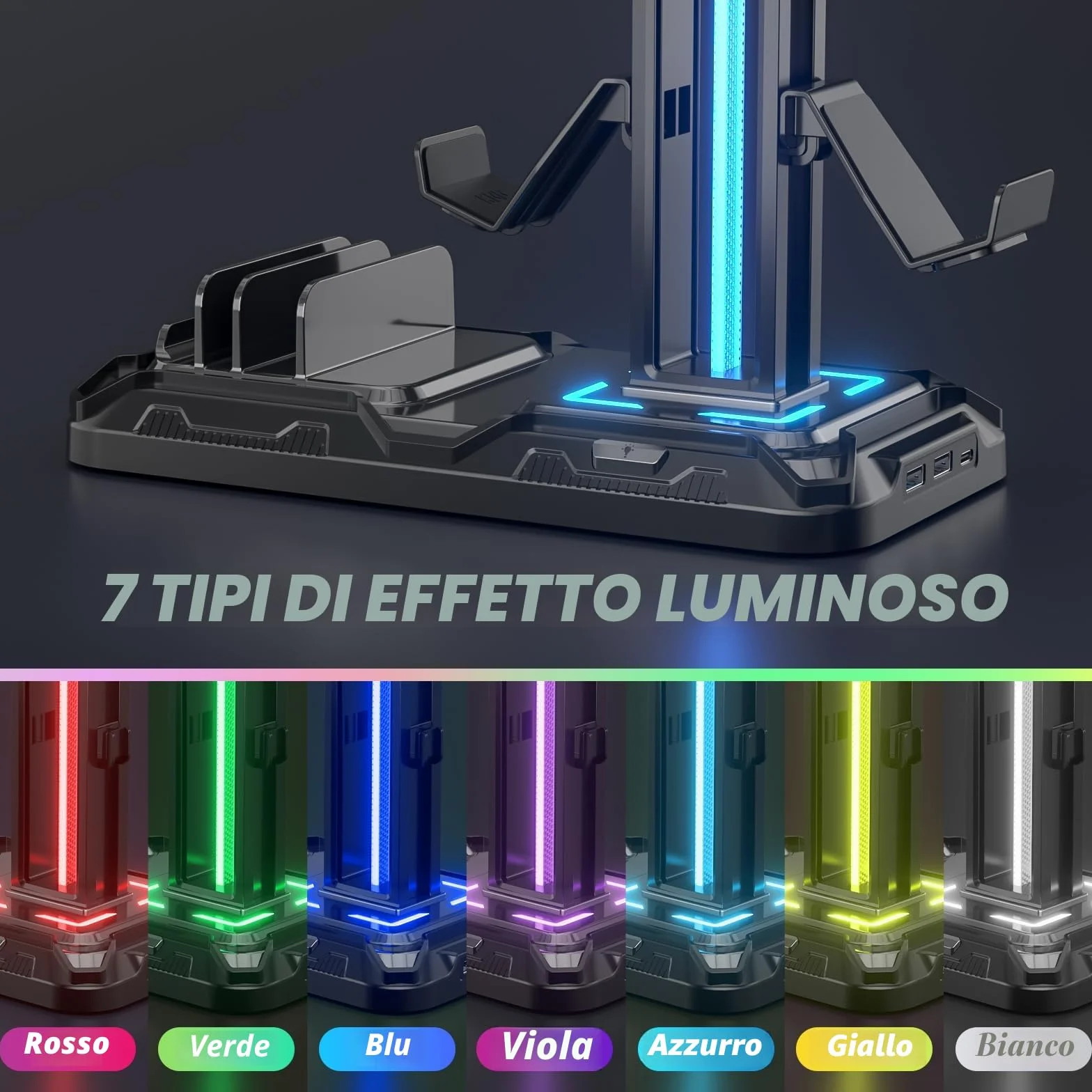 KDD Porta Cuffie da Scrivania con Supporto Telefono, Stand Cuffie Gaming Nero, Porta Controller Staccabile 9 Modalità Illuminazione, USB