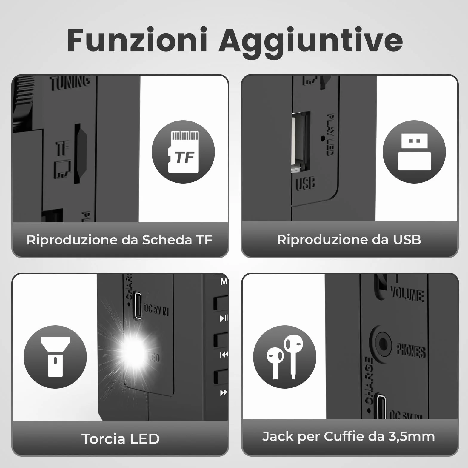 PRUNUS J-360 Radio Cassette AM/FM/SW Portatile con Bluetooth, Solare/Batteria Ricaricabile, Torcia, USB, TF Card