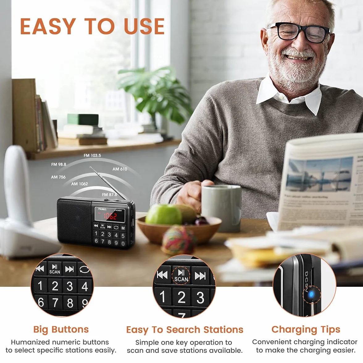 PRUNUS J-429 Radio Portatile FM/AM Ricaricabile con Ampio Display e Supporto USB/AUX/TF Card, Nero