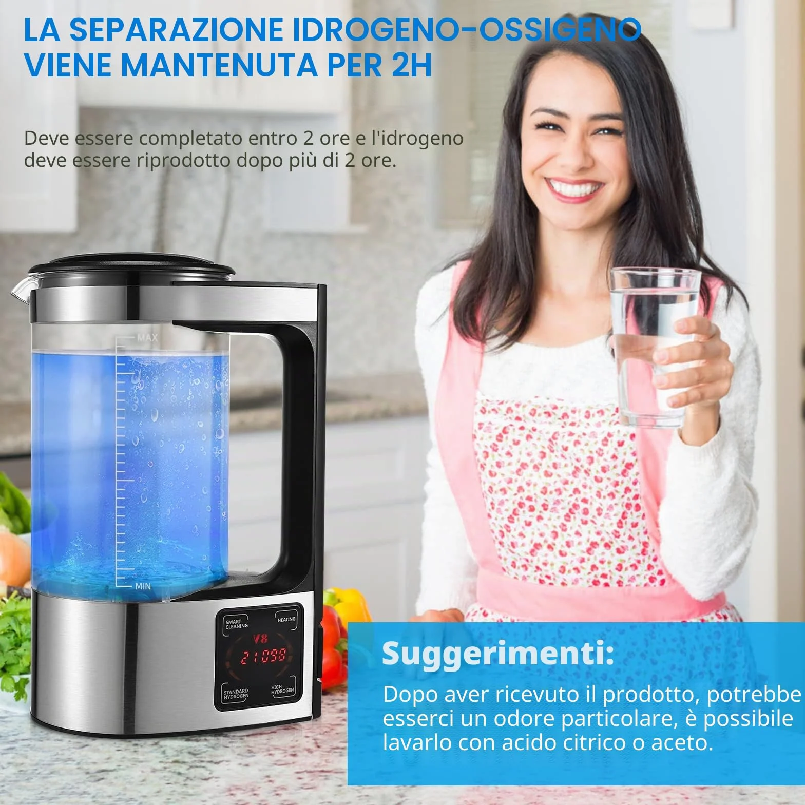 Generatore di acqua a idrogeno 2L con tecnologia SPE e PEM, versione migliorata Generatore di idrogeno ricco di idrogeno con schermo LED touch e termostato Hydrogen Water Lonizer per la casa