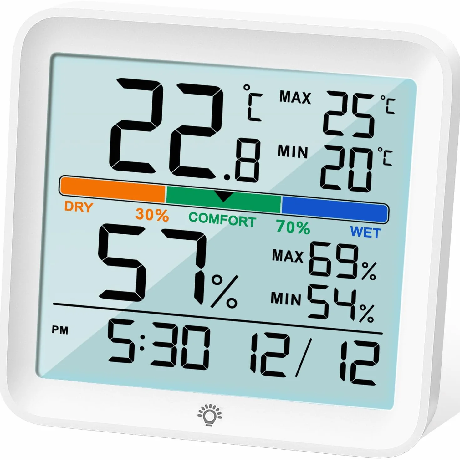 NOKLEAD Igrometro Termometro per interni Misuratore di umidità digitale LCD retroilluminato con orologio Registrazioni max/min