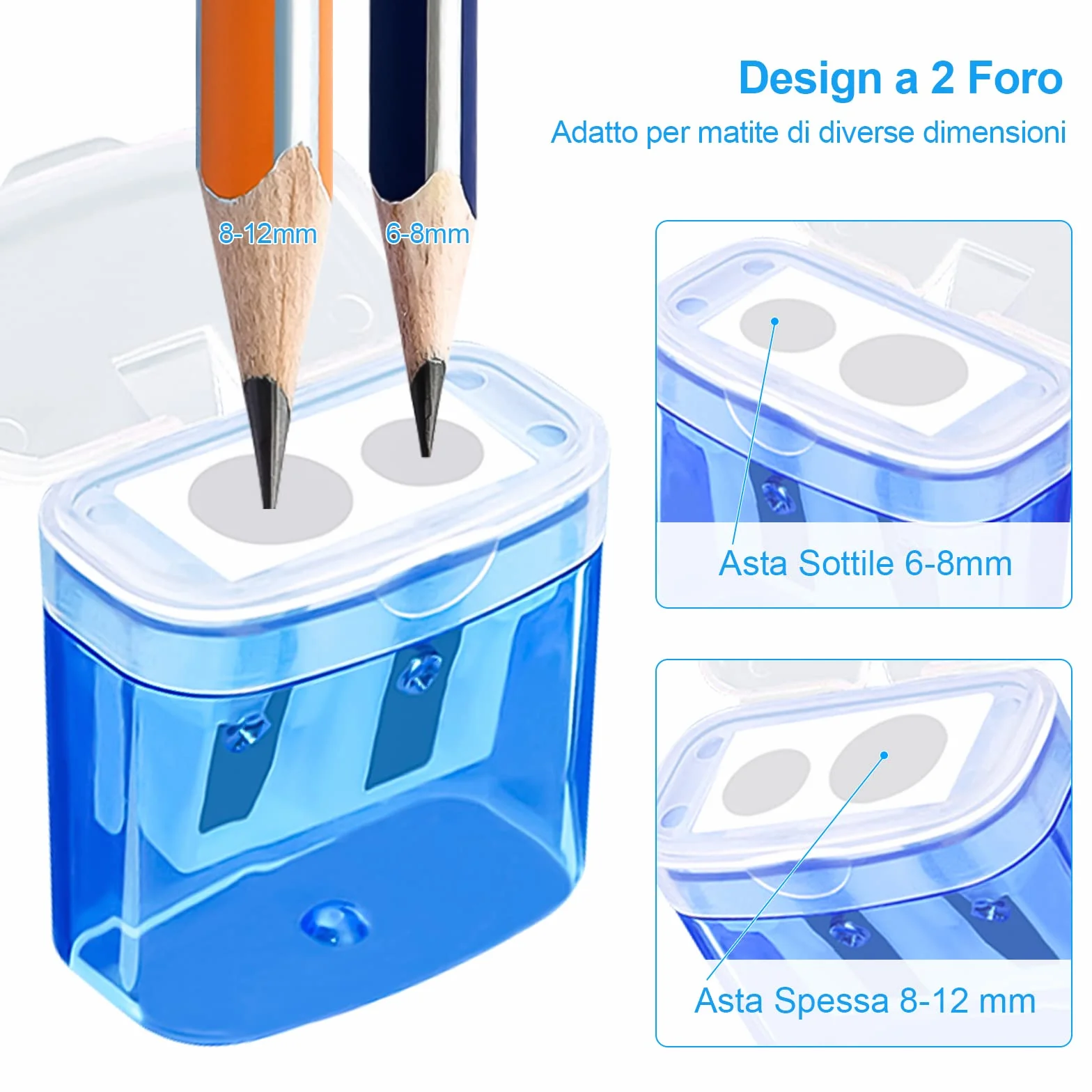 Temperino con Serbatoio Doppi Fori 4pcs per Matite Bambini Scuola Ufficio