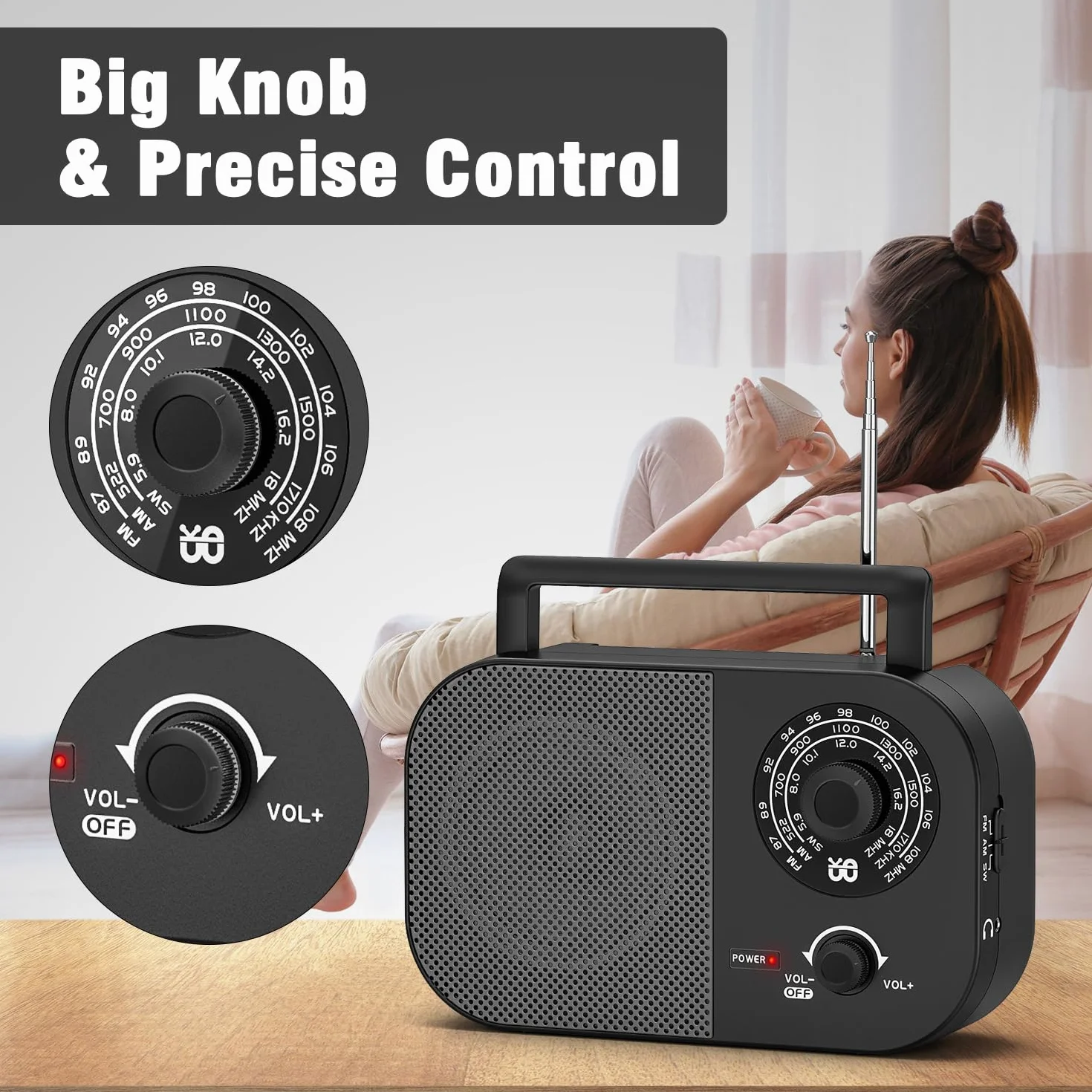 Radio Portatile AM FM SW con Alimentazione a Rete e Batteria, Altoparlante Integrato - Nero