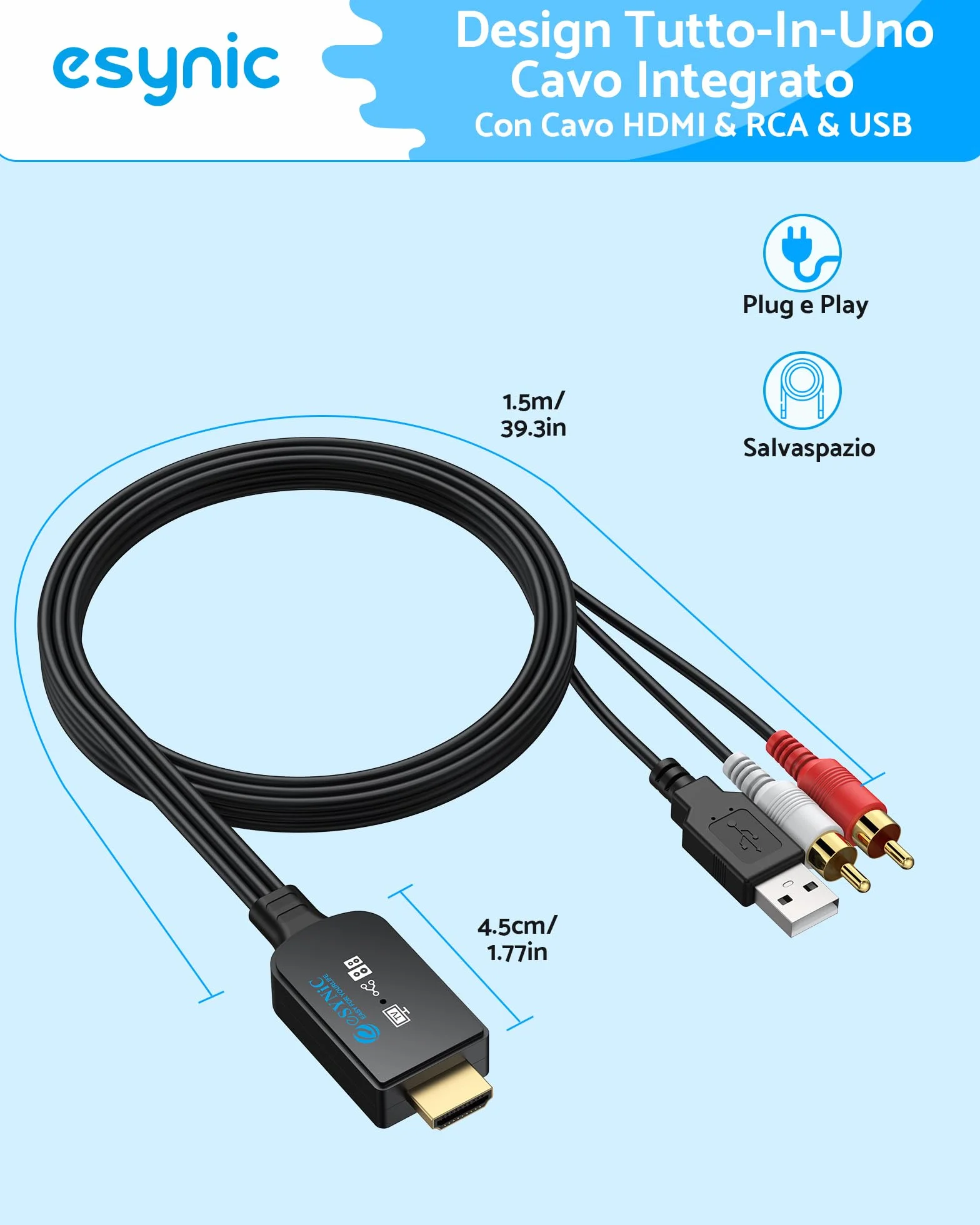 eSynic 192KHz Cavo Convertitore Audio HDMI eARC/ARC a RCA per HDTV Altoparlanti Cuffie, Supporta CEC Telecomando, eARC ARC Audio Extractor con Cavo Integrato 1.5m, Uscita L/R PCM 2CH