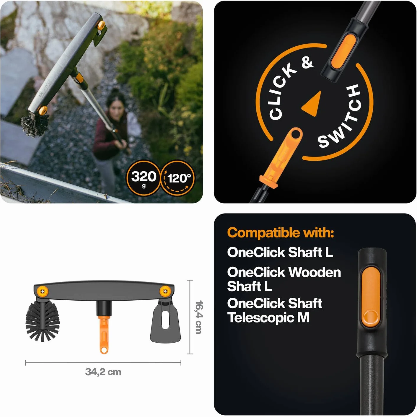 Fiskars Oneclick Pulitore per Grondaie, Accessorio con Raschietto e Spazzola, Cambio Un Clic, Angolo Regolabile, Nero/Arancione
