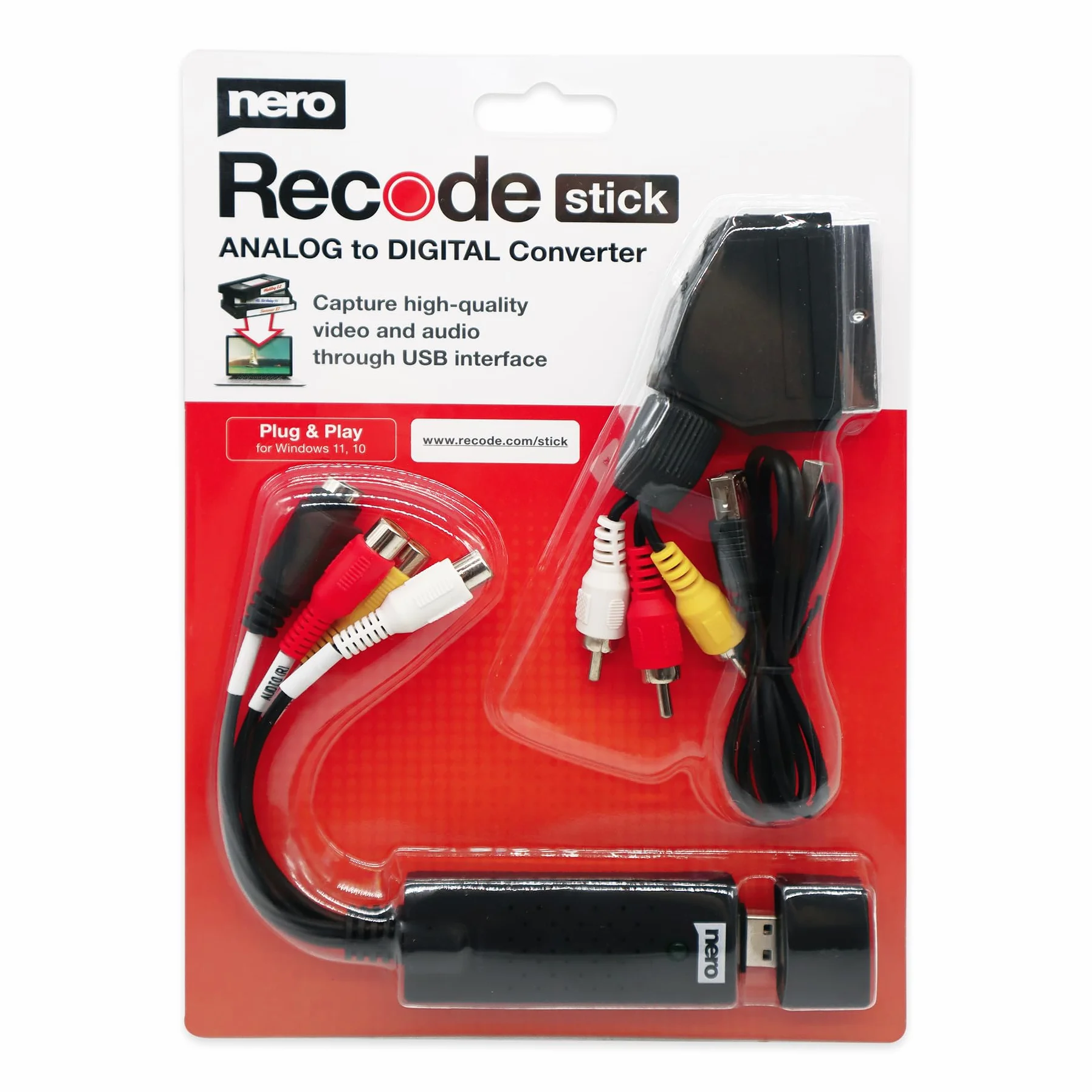 Nero Recode Stick VHS a USB Convertitore Digitalizzare VHS Acquisizione Video Analogico Digitale S-VHS Hi8 Super 8 DVD su PC Windows 10/11 macOS