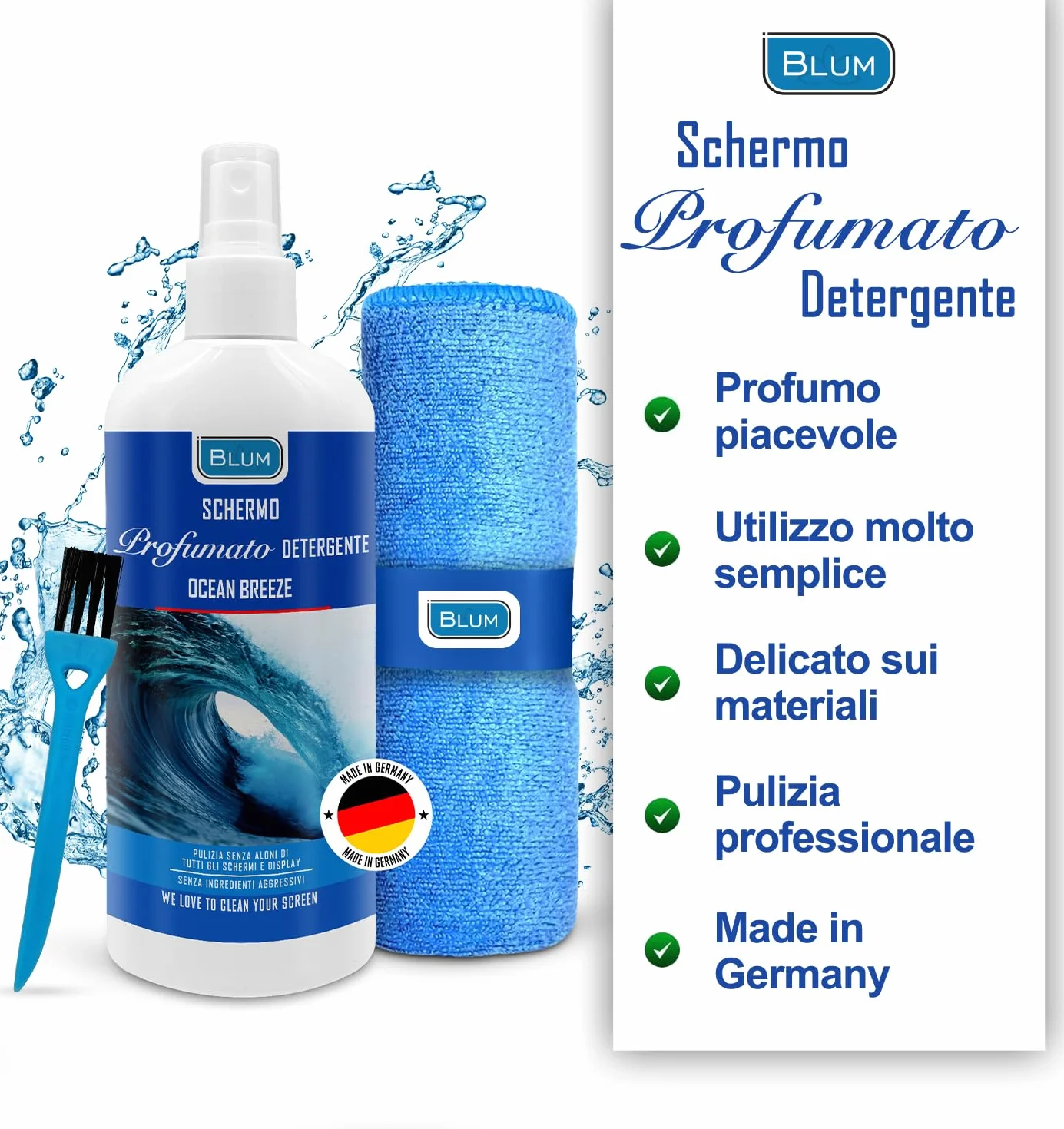 Blum Detergente schermi OCEAN BREEZE 250ml + panno microfibra 30x30cm Pulitore TV laptop monitor