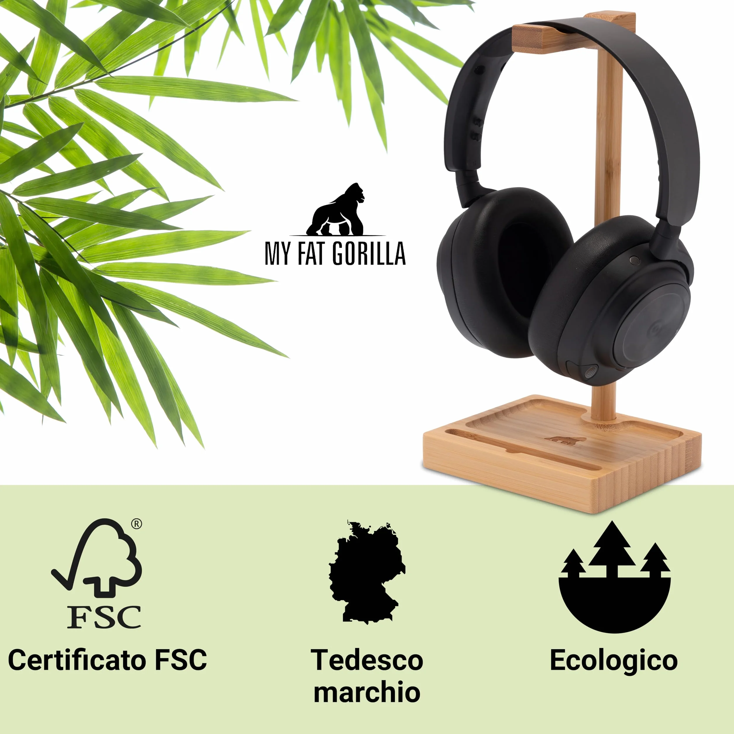MY FAT GORILLA Porta Cuffie da Scrivania Bambù 12,5x12,5x22 cm Stand Portacuffie Naturale