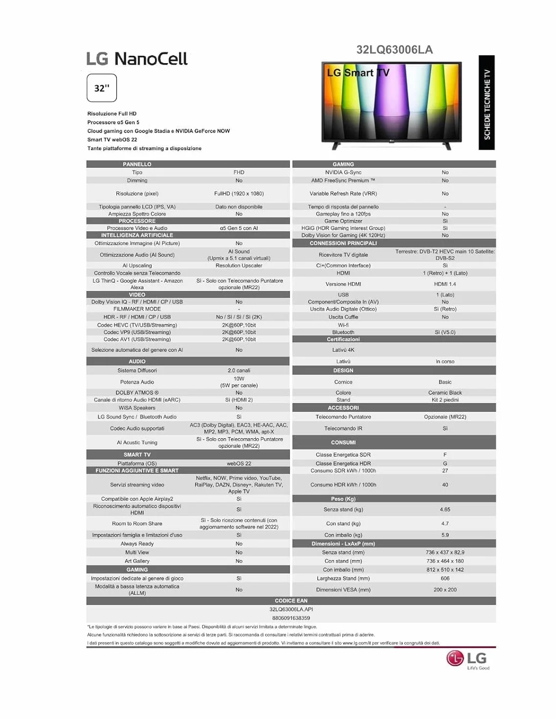 LG 32LQ63006LA Smart TV 32" Full HD LED TV 2022 α5 Gen 5 AI Processor webOS 22 HDR Wi-Fi Bluetooth Game Optimizer