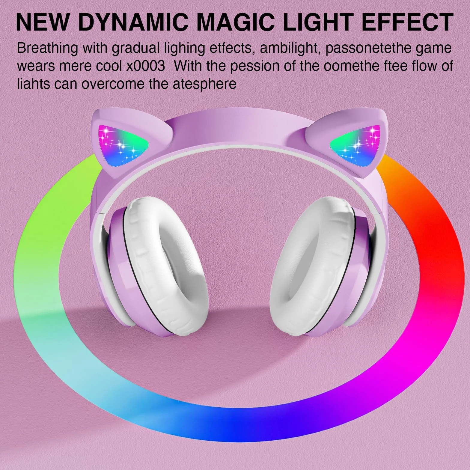Cuffie Wireless Bambini con LED, Bluetooth Cuffie con Orecchie Gatto Pieghevoli con Microfono, Micro SD Regalo Natale Compleanno Ragazze Viola