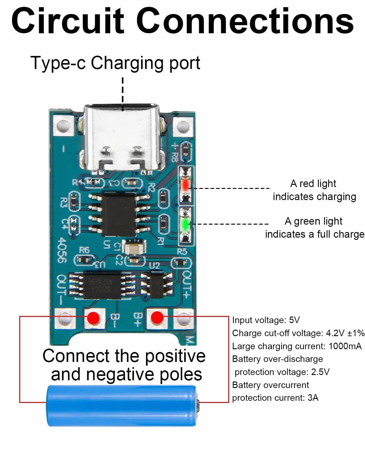 TC4056 Charger Modulo USB-C 5V 1A Caricabatterie Module Protezione Doppia per Batterie Li-ion 18650