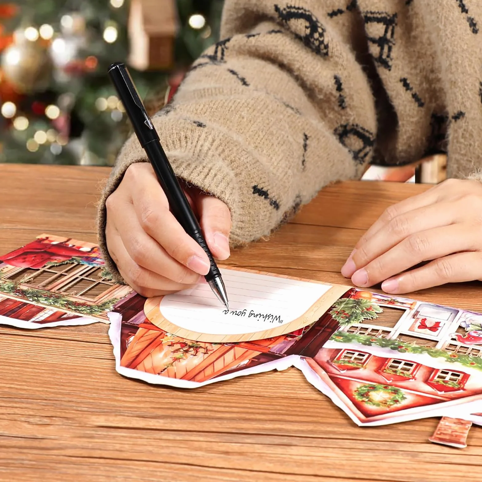 Biglietto di Natale 3D Pop Up, Cartolina Auguri con Busta, Babbo Natale e Bambina, Albero di Natale