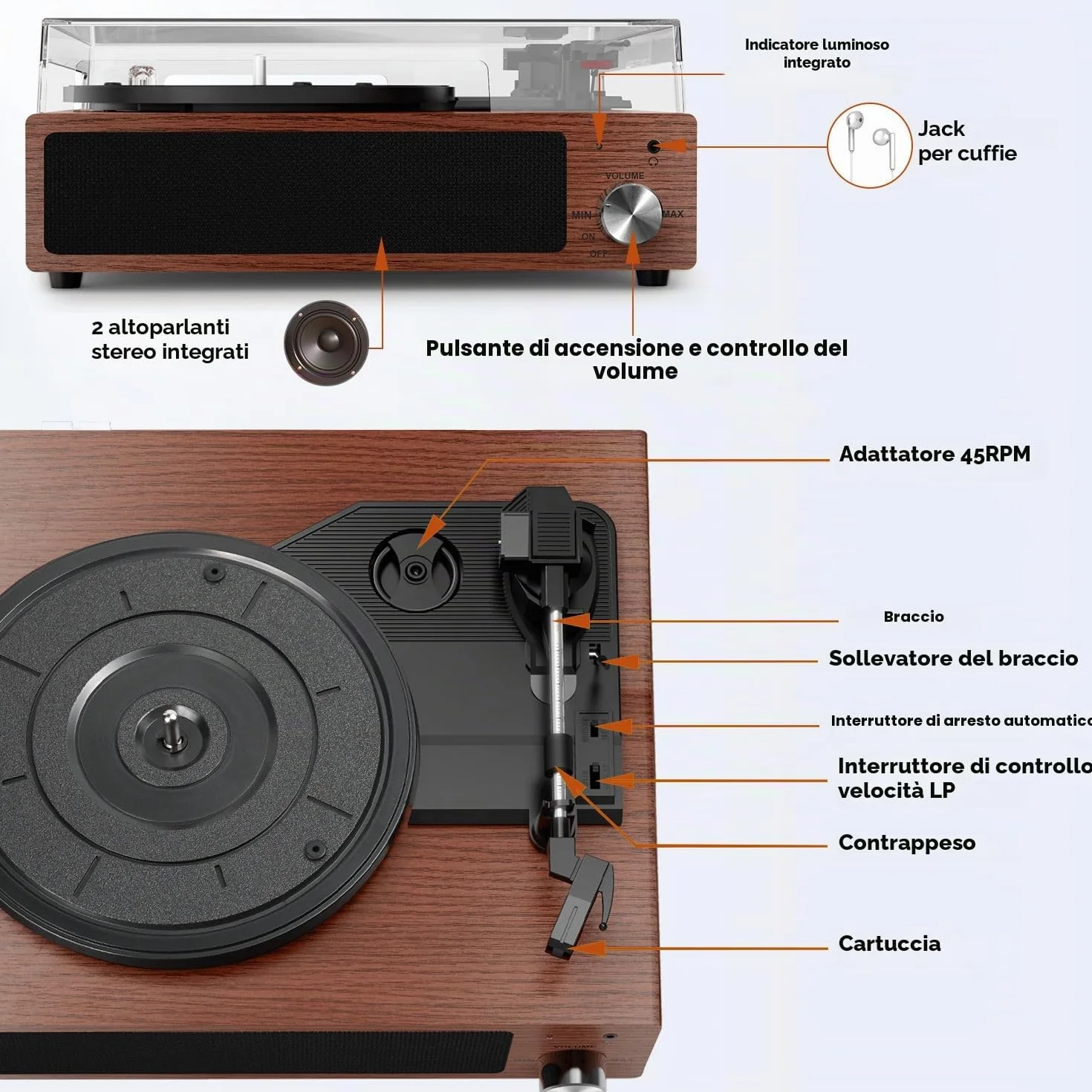 FYDEE Giradischi Vinile Vintage 3 Velocità 33/45/78 Giri Bluetooth Altoparlanti Integrati Auto-Stop RCA AUX Cuffie Mogano