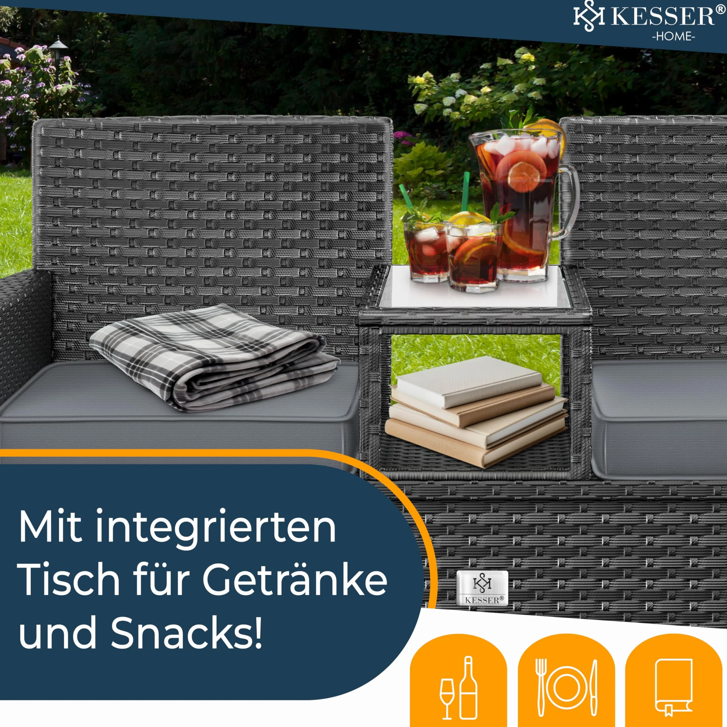 KESSER® Panca da giardino in polyrattan con tavolo integrato + cuscini, 2 posti, 133 × 55 × 84 cm, Panca in rattan, Giardino, Balcone, Divano da giardino - Resistente alle intemperie, Antracite