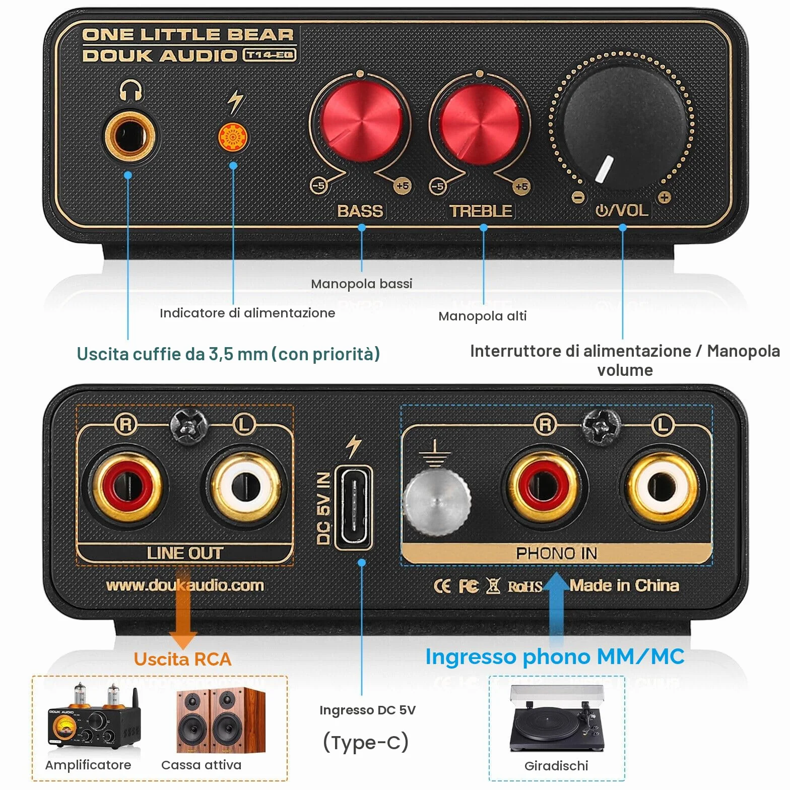 HiFi MM/MC RIAA Phono Preamp Giradischi Preamplificatore LP Vinyl Turntable (T14-EQ)