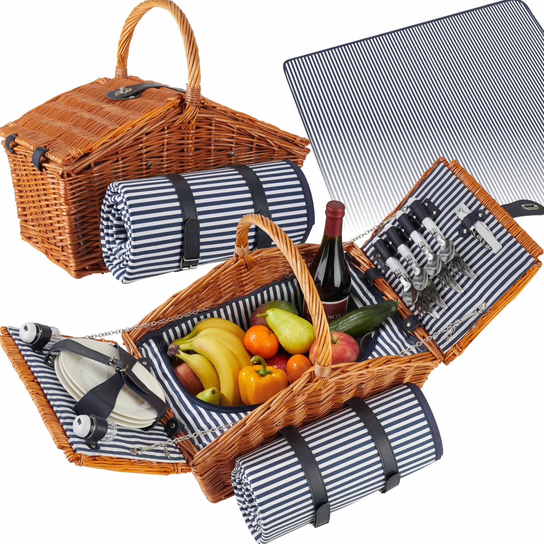 tectake®, cestino picnic 4 persone, cesto picnic vimini, coperta impermeabile, scomparto refrigerante, set picnic 23 pezzi, cestino termico picnic, camping accessori, camper, cesto picnic - Usedom
