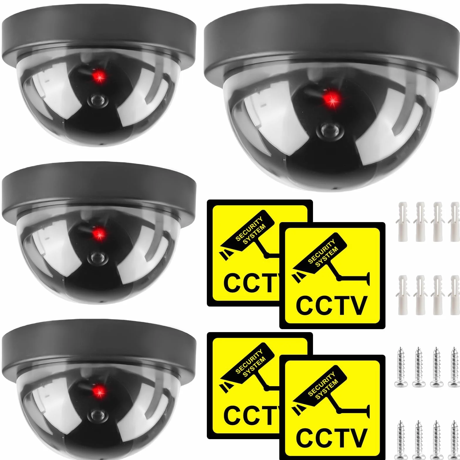 Telecamera di sicurezza finta CCTV 4 pezzi con luce LED, cupola per interni ed esterni