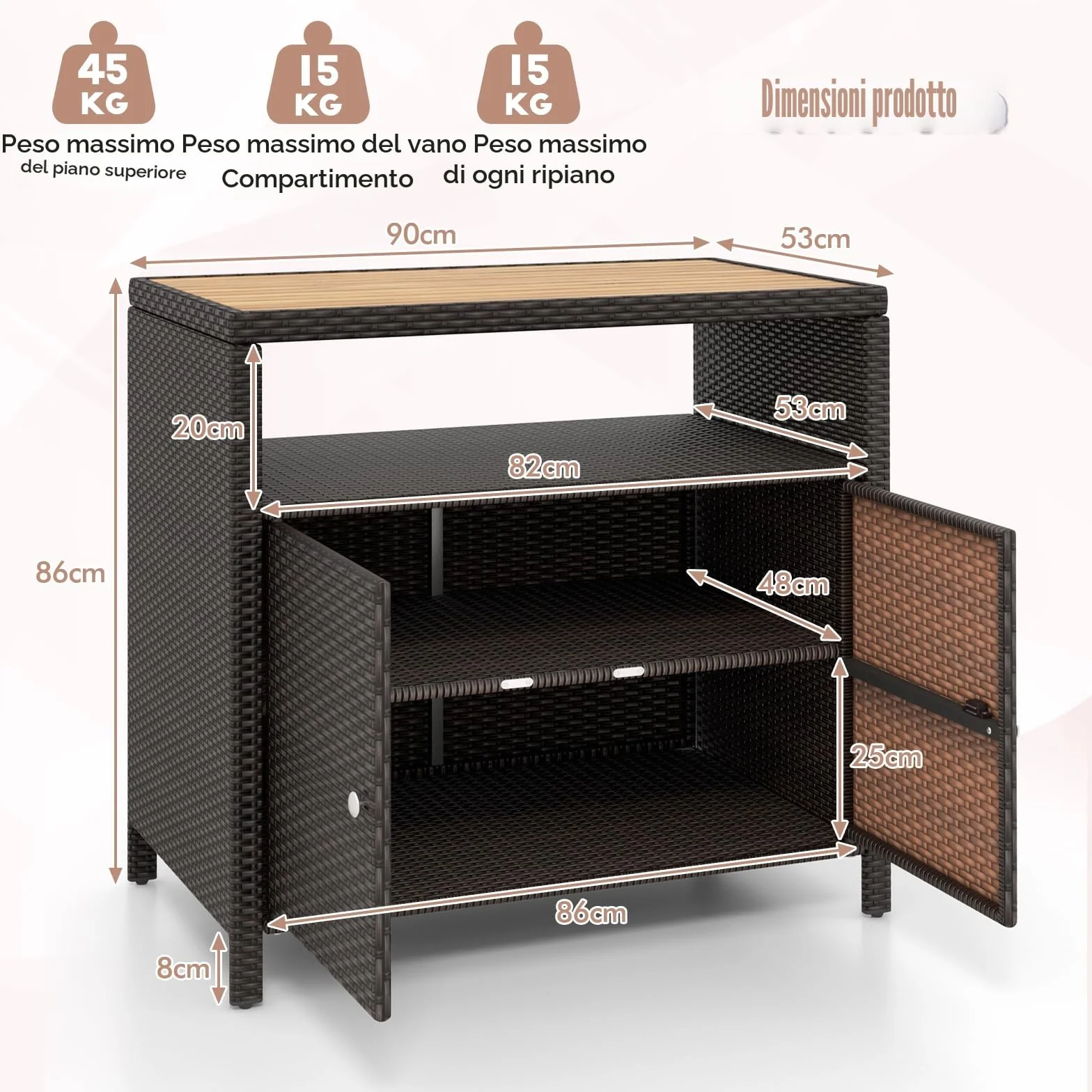 KOMFOTTEU Armadio da Esterno Impermeabile in Rattan 90x53x86 cm Marrone