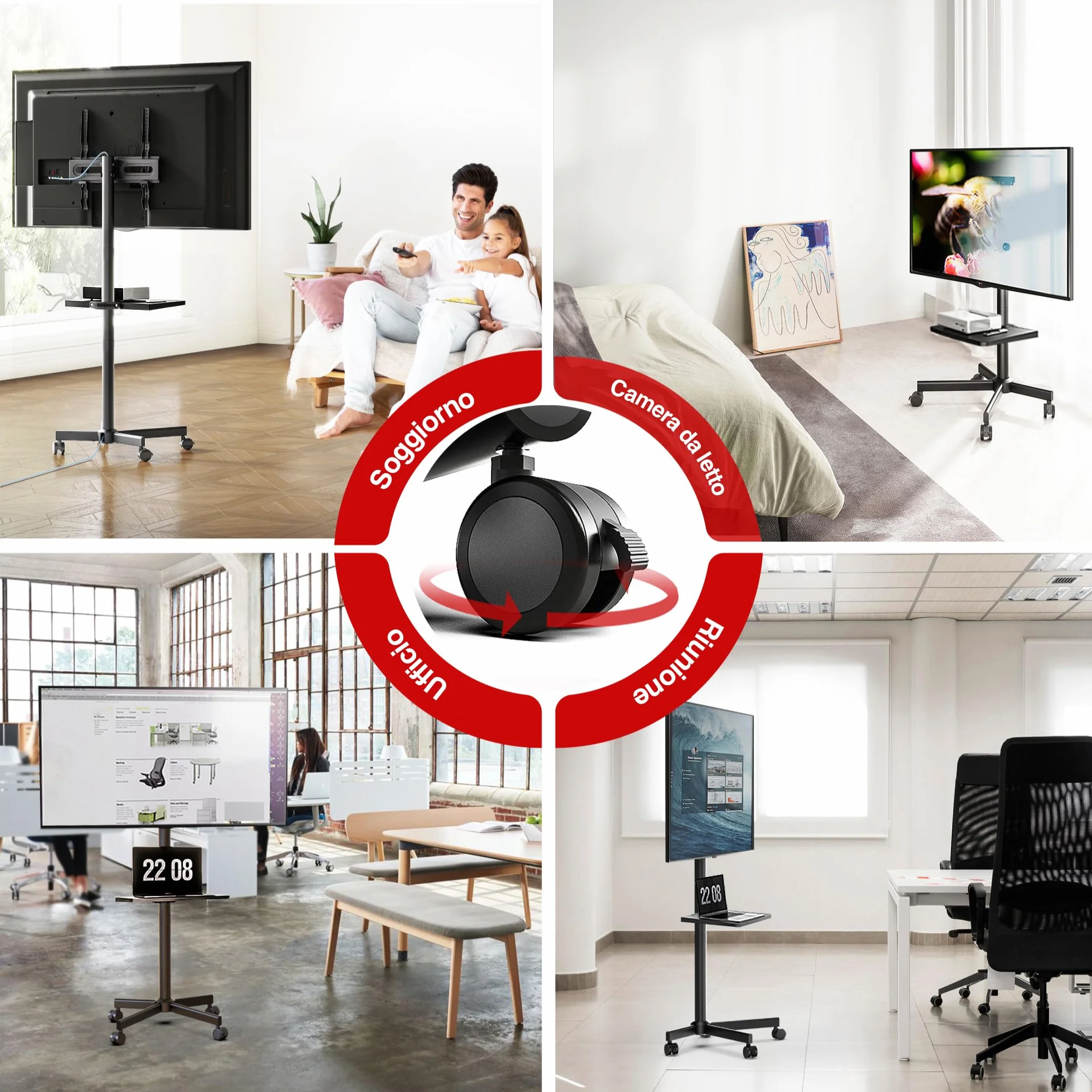 AOKCOS Supporto per TV da 32 a 65 pollici, carrello regolabile con ruote, VESA 400x400 mm, 40 kg, nero