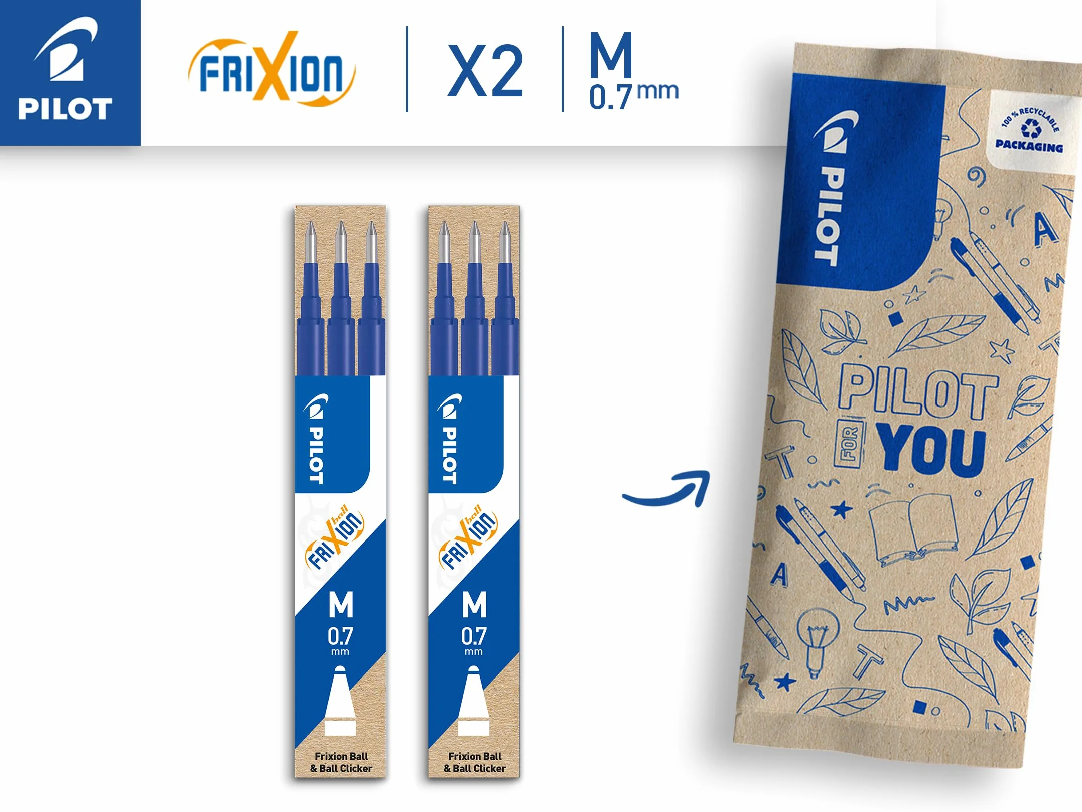 PILOT 2 Set di 3 Ricariche FriXion per Penne Cancellabili - Blu Punta Media (6 Ricariche)