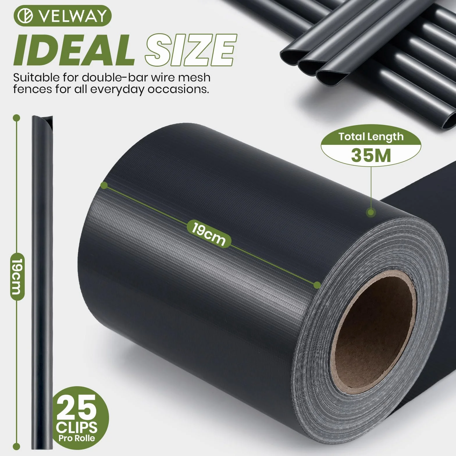 Velway Strisce Frangivista in PVC per Recinzione a Doppio Picchetto - 35m x 19cm, 450g/m², Anti-UV, Impermeabile e Antistrappo, con 25 Clip di Fissaggio per Giardino e Balcone