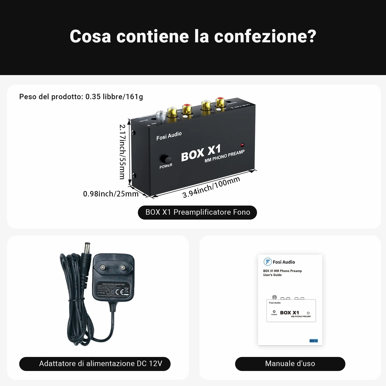 Fosi Audio BOX X1 Preamplificatore Phono MM, Mini Giradischi Hifi con Uscita Cuffia 3.5mm RCA/TRS, Alimentazione 12V