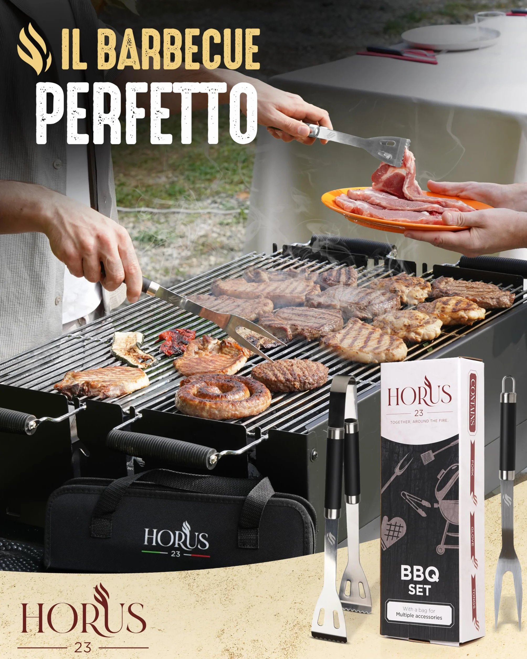 HORUS 23® - Set Accessori Barbecue Professionale con Borsa Porta Attrezzi Barbecue - 4 Accessori BBQ: Pinze, Spatola, Forchettone e Guanto Ignifugo