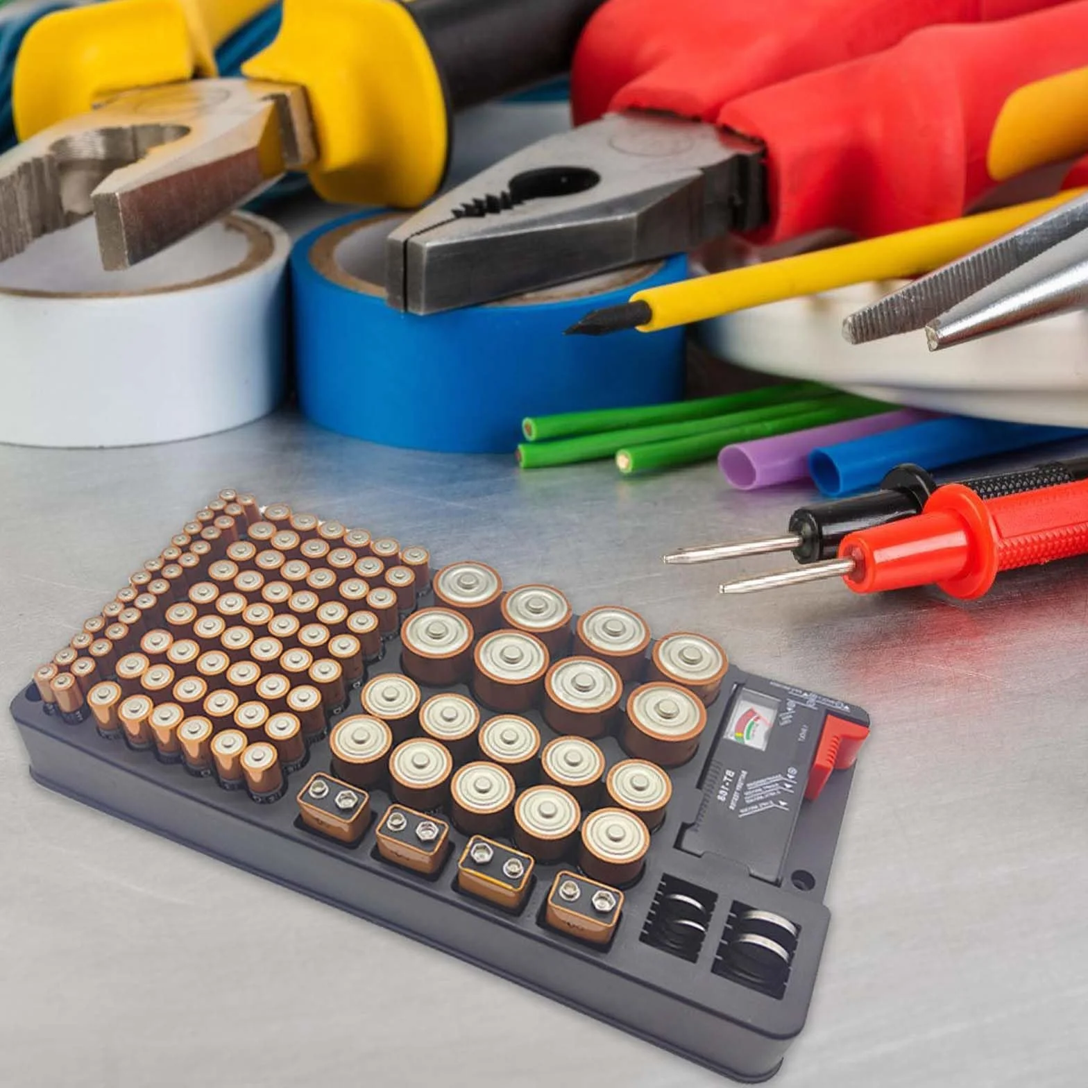 Scatola di immagazzinaggio batteria con tester per 116 batterie AAA AA 9V C D