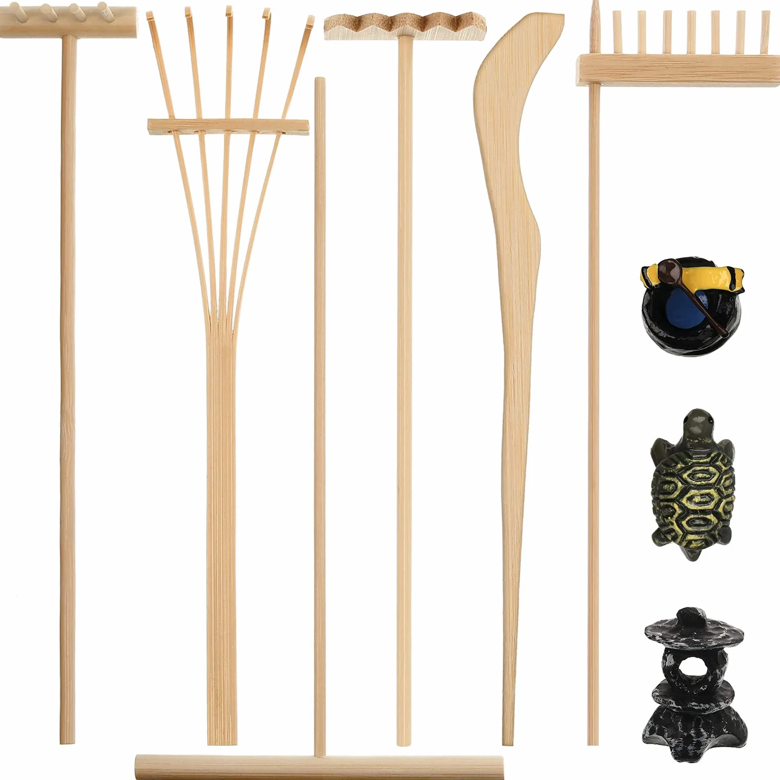 9 Mini Sandbox Kit Giardino Zen in Bambù Desktop Mini Attrezzi Accessori Giardino Zen con Figurine per Genitori Decorazioni Tavola di Mediazione