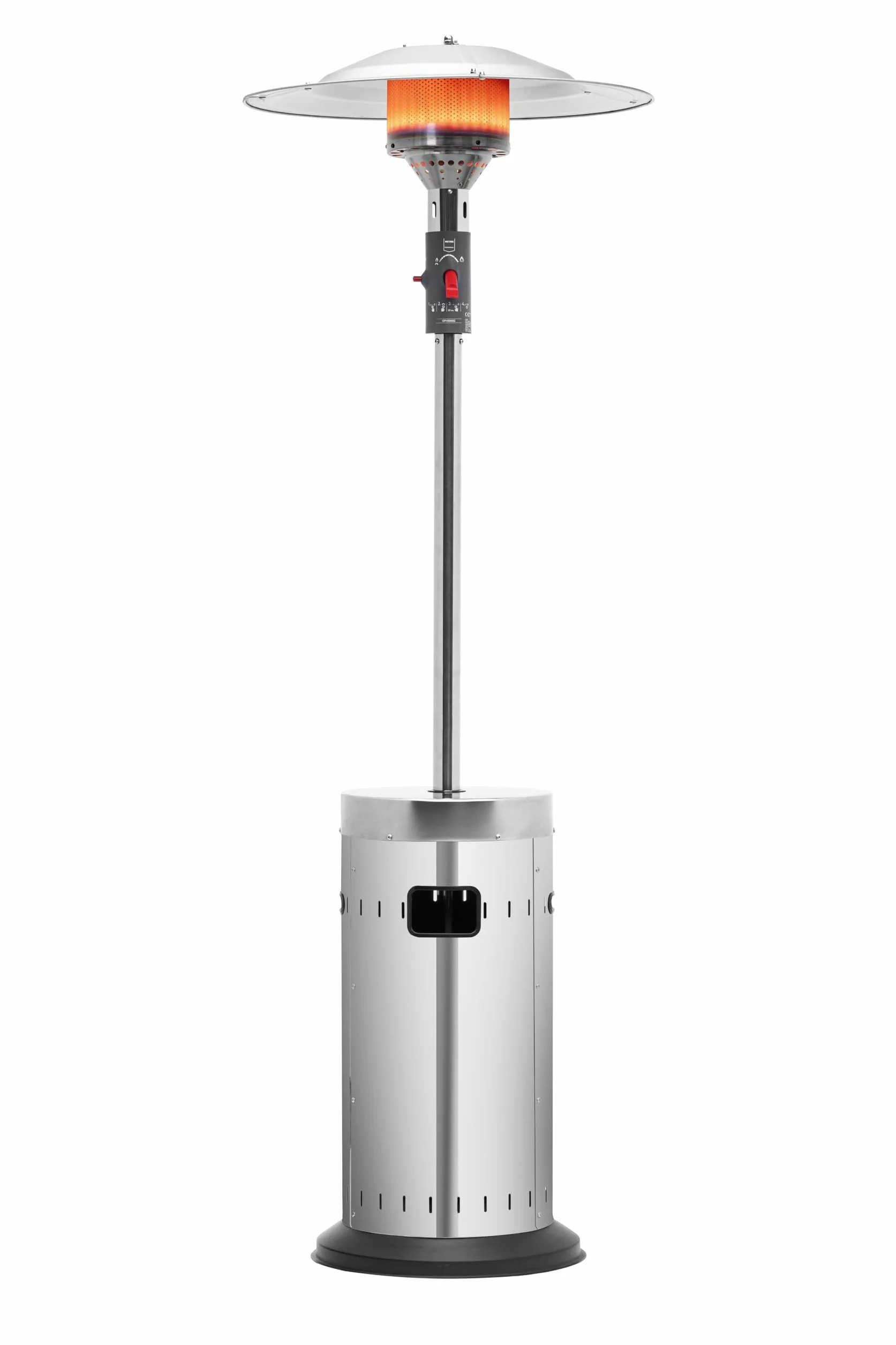METRO Professional Fungo riscaldante per esterno, acciaio inox, bruciatore ecologico, 76x76x218 cm, da 19 a 50h di funzionamento, accensione elettrica, rotelle, regolatore e tubo flessibile inclusi