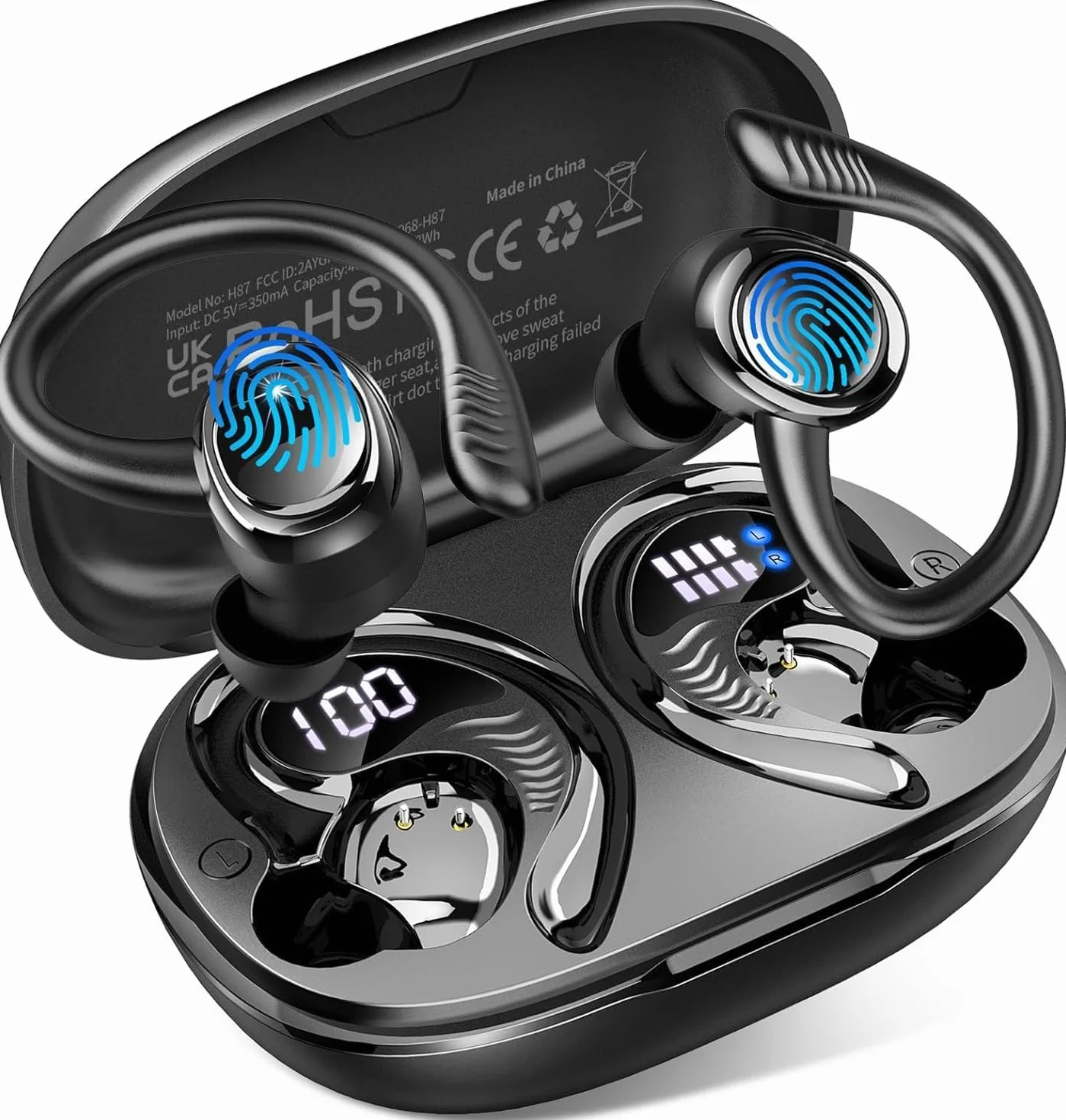 Cuffie Bluetooth Sport Hupoaf 5.4 4 ENC Mic 50 Ore HiFi Stereo IP7 Impermeabili Display LED USB-C Running iOS Android Nero