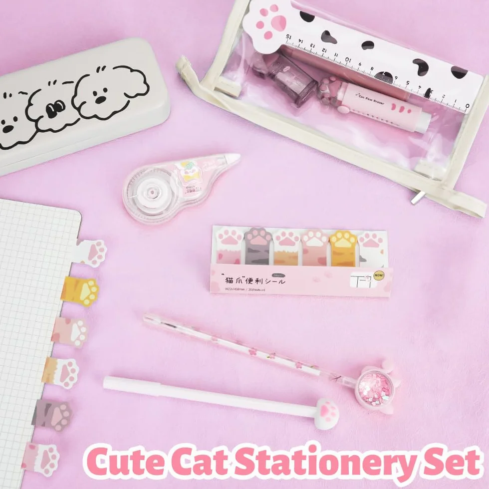 Patte de Chat Kit Papeterie 13 PCS Mini Rouleau à Crayons Gomme Rétractable Ruban Correcteur Stylos Pointeurs Notes Adhésives Surligneurs