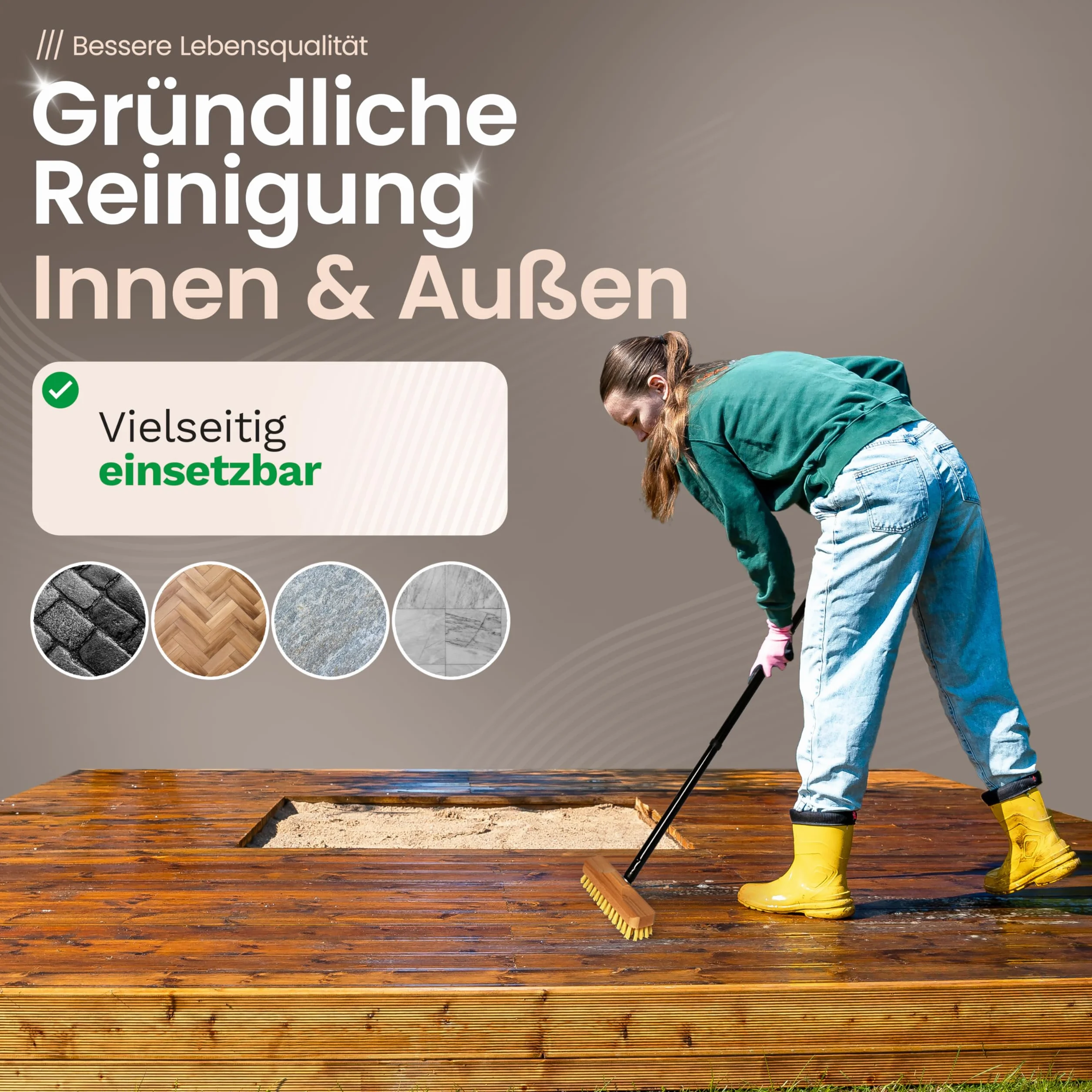 Novaliv Scrubber in legno con setole con filettatura e manico a vite, 4 pezzi, spazzola per pavimenti PPN, ideale per la pulizia di balcone, terrazza, giardino, interni ed esterni