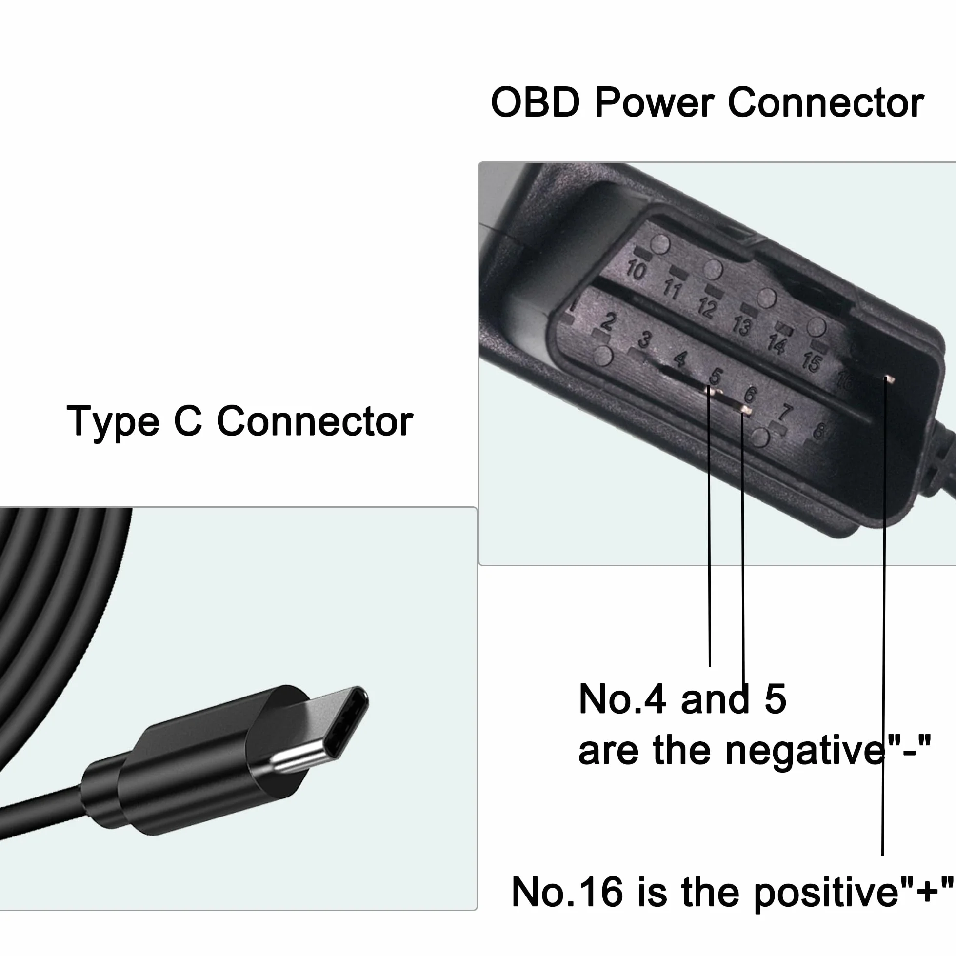 OBD Power Cable for Dash Camera, OBD2 to USB C Adapter, 12-24V to 5V 3A, 24h Parking Mode with Switch, 3.5M