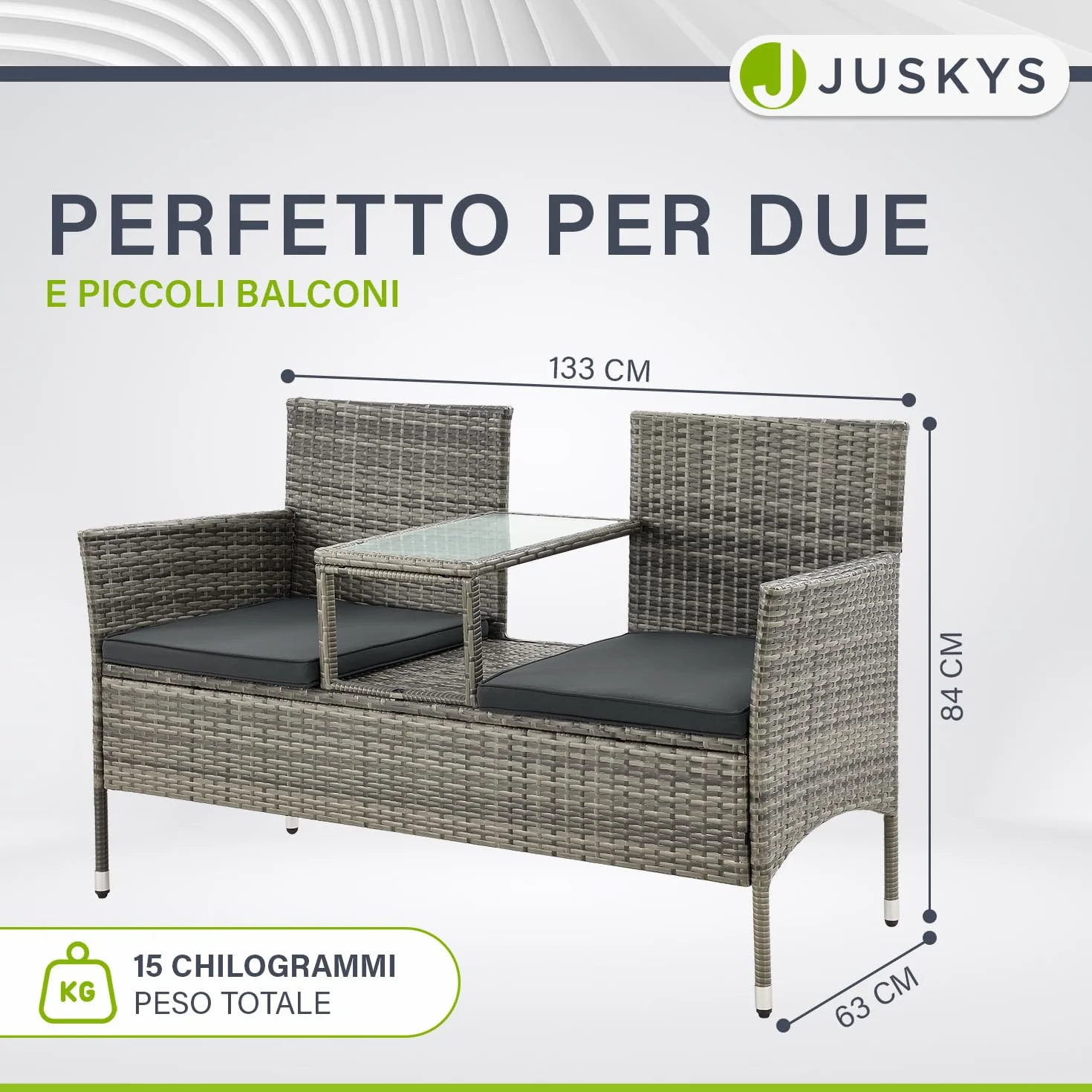 Juskys panca da giardino Monaco in polyrattan – 2 posti con tavolo e cuscini – 133×63×84 cm – resistente alle intemperie per balcone e terrazza – grigio melange