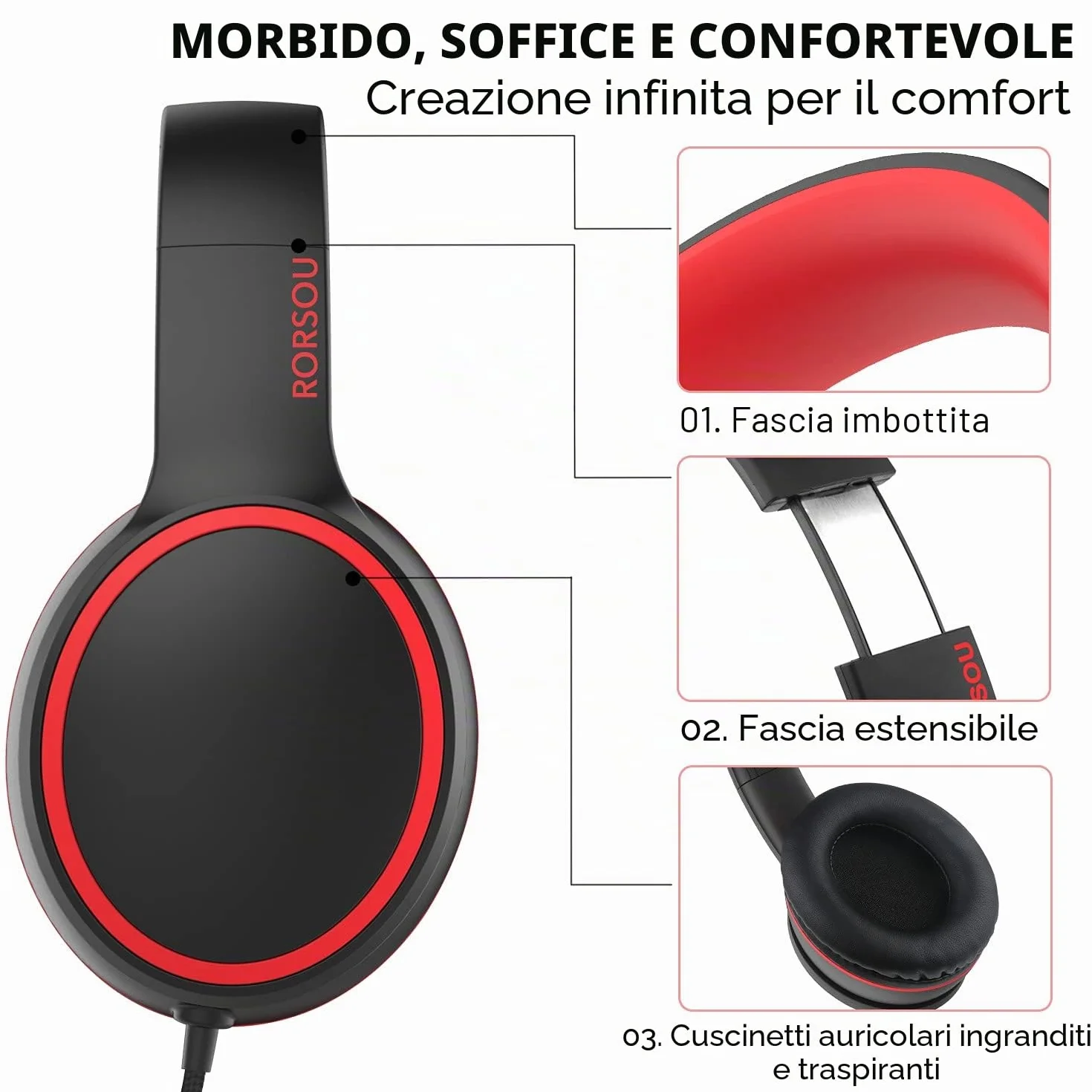R10 Cuffie Auricolari con Microfono Stereo Piegevoli, Cavo Antigroviglio 1.5m, Nero