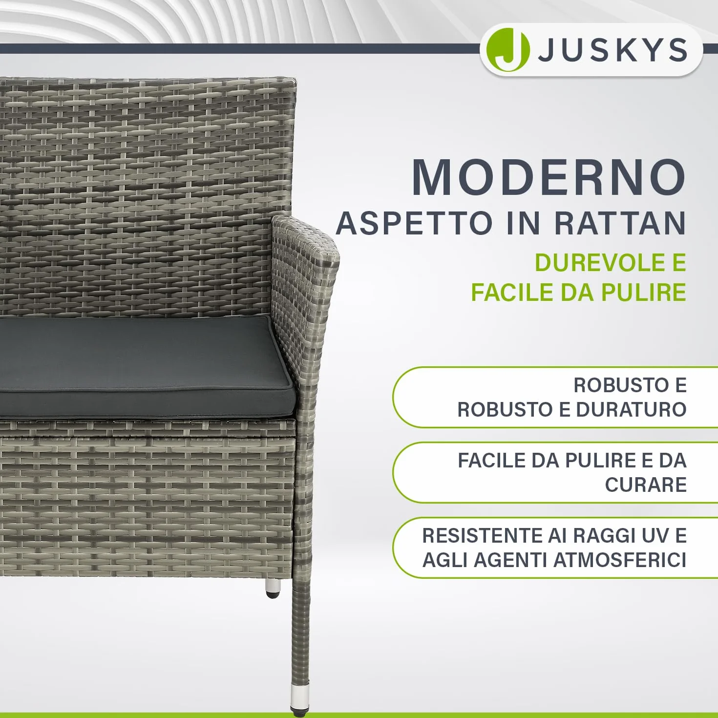 Juskys panca da giardino Monaco in polyrattan – 2 posti con tavolo e cuscini – 133×63×84 cm – resistente alle intemperie per balcone e terrazza – grigio melange
