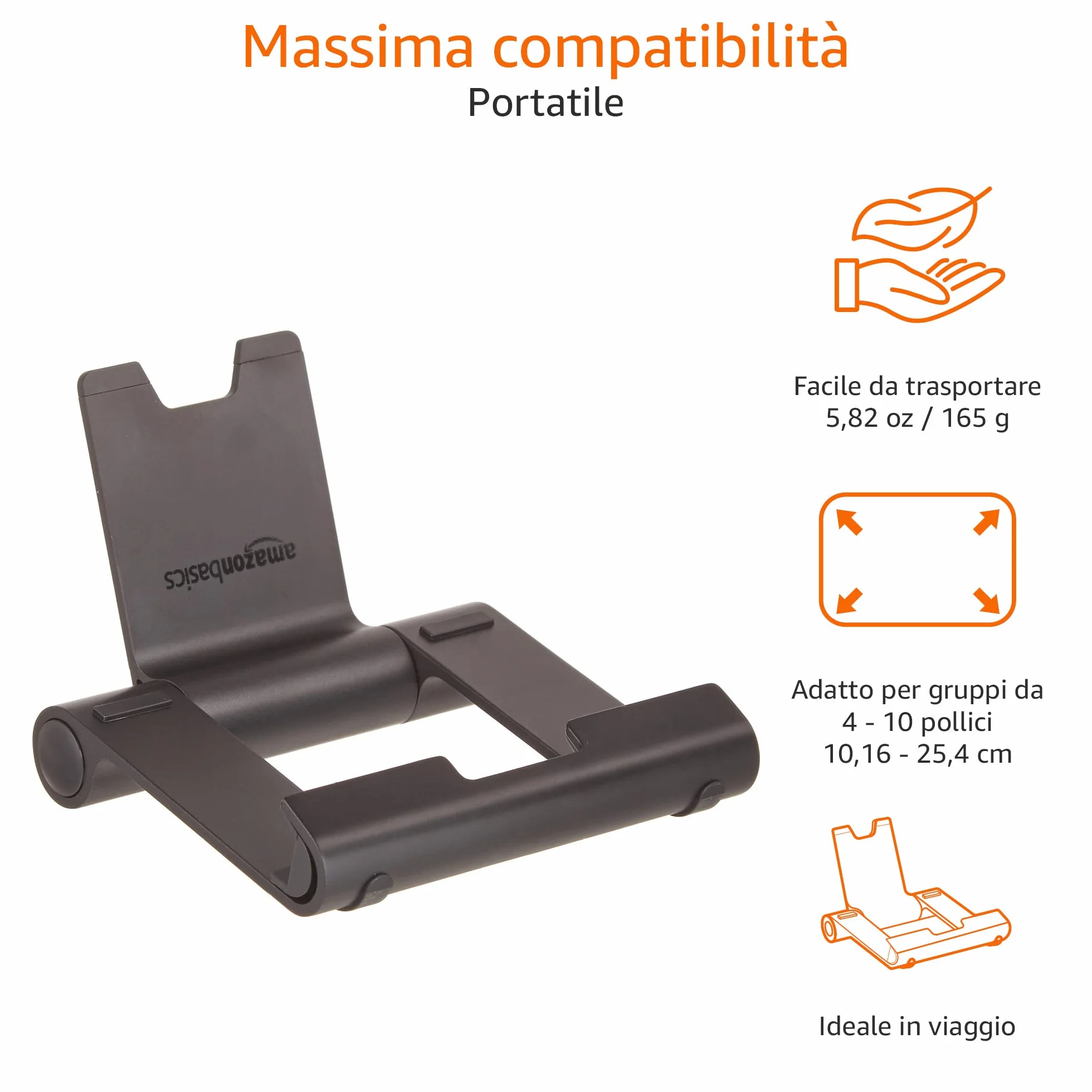 Amazon Basics Supporto portatile inclinabile per tablet, lettori e-book, telefoni, Nero
