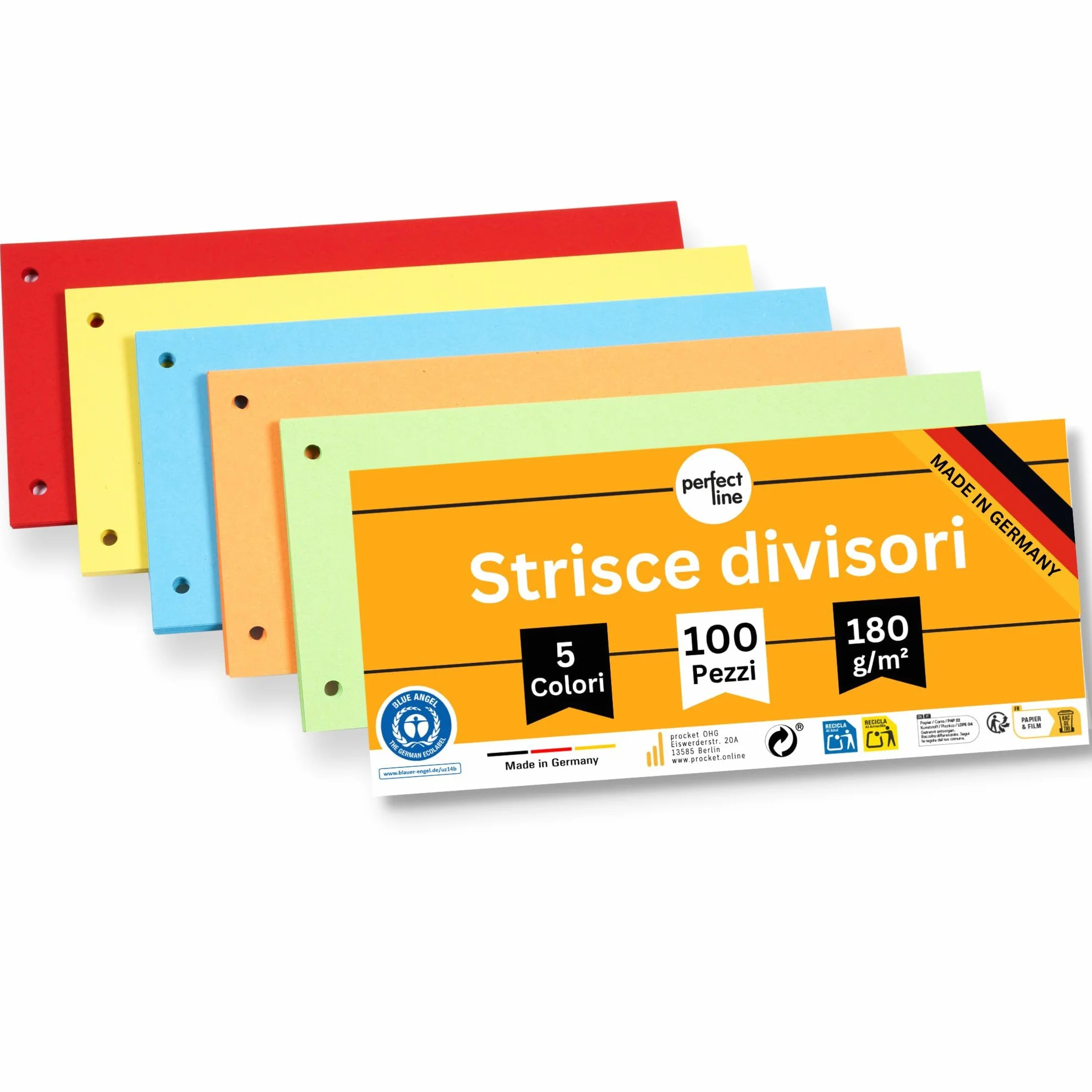 Strisce divisori raccoglitori ad anelli A4, classificatori per documenti ufficio in cartone riciclato, Made in Germany, 5 colori