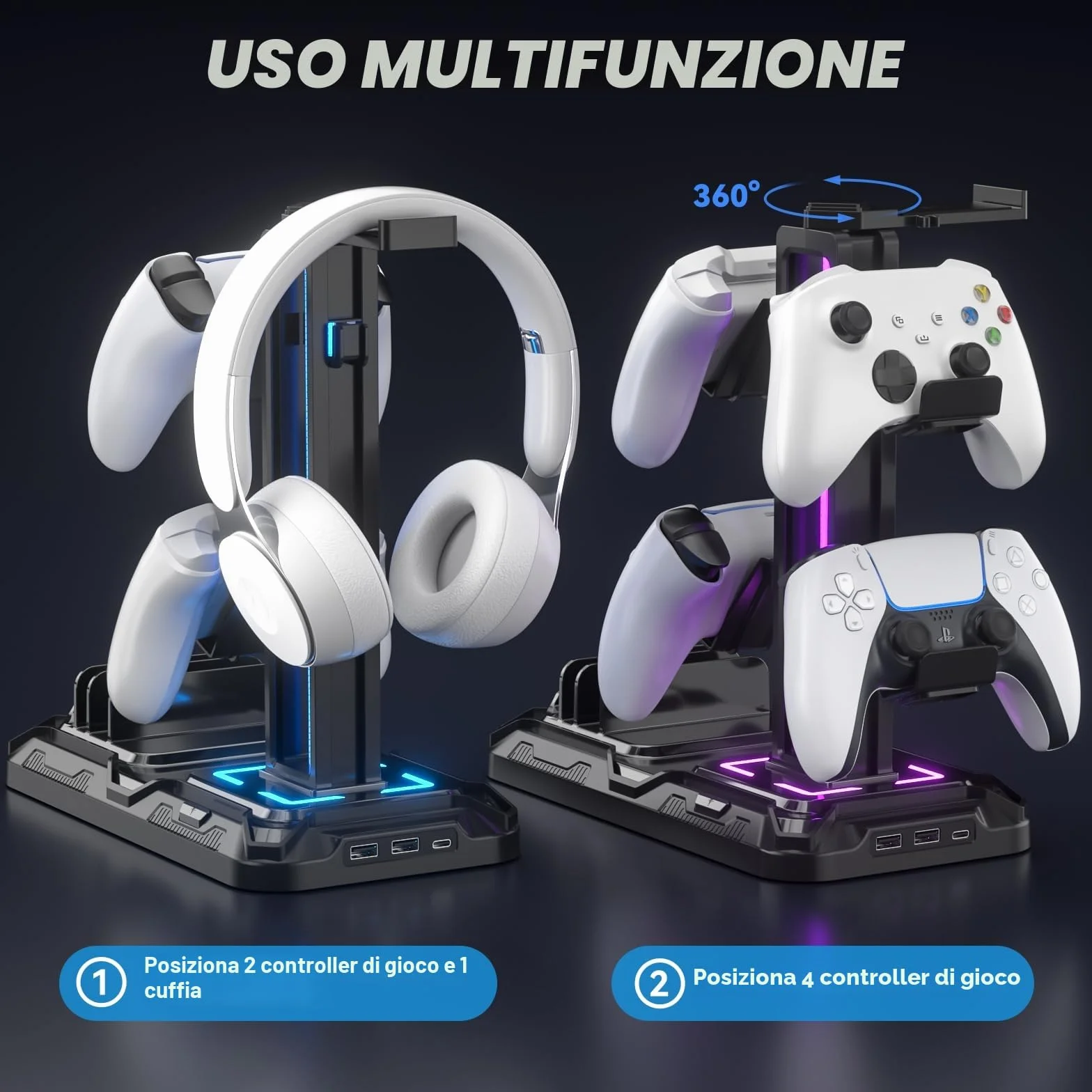 KDD Porta Cuffie da Scrivania con Supporto Telefono, Stand Cuffie Gaming Nero, Porta Controller Staccabile 9 Modalità Illuminazione, USB