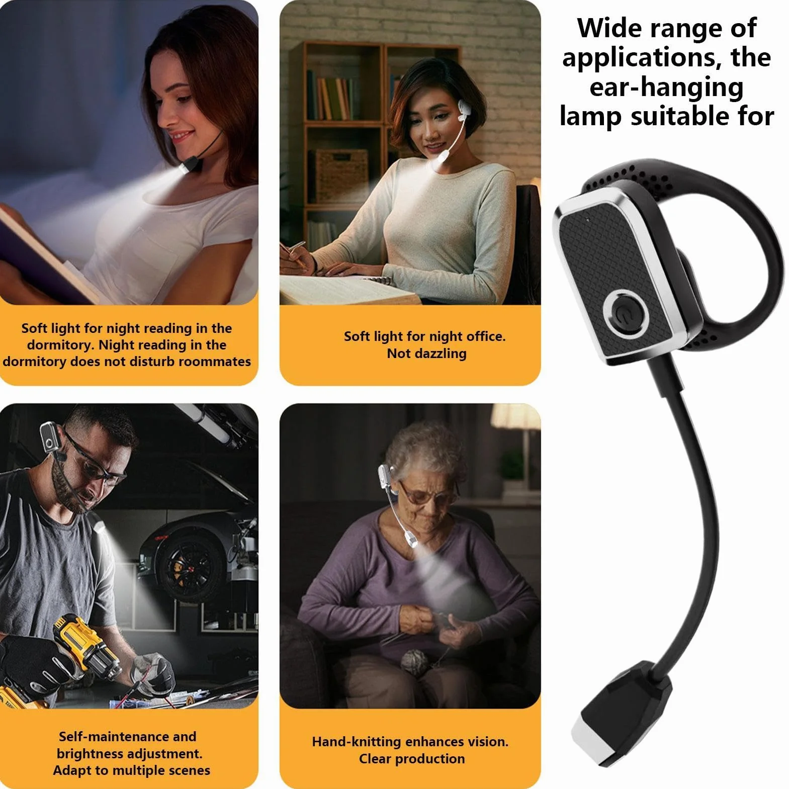 Générique Ear Wearing Reading Light, Ricaricabile Led Folding Ear Light, Regolabile Lightweight for Home, Travel, Camping
